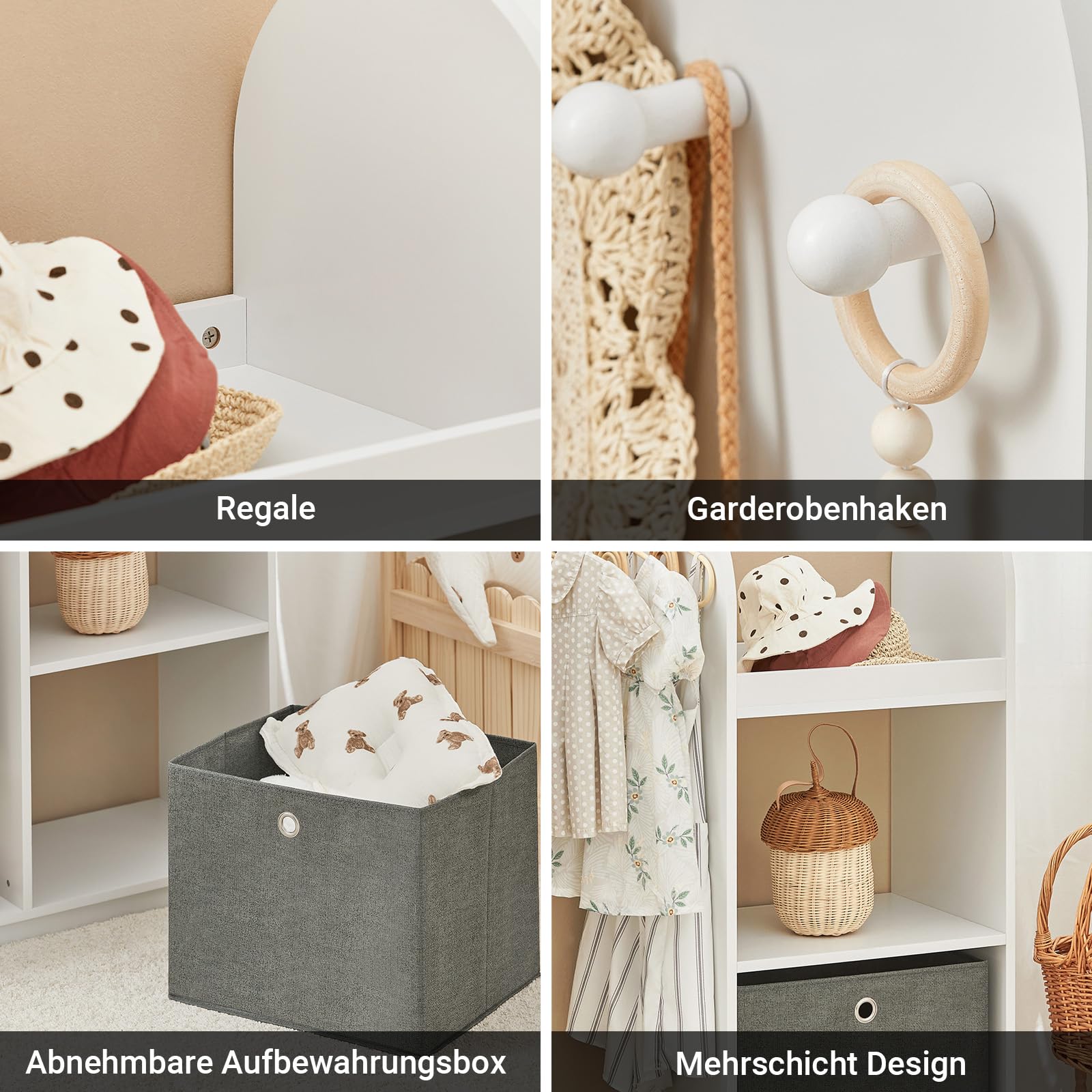 SoBuy Kinderkleiderschrank mit 3 Haken Kindergarderobe Kleiderschrank Kinderzimmer Kinder Kleiderschränke mit Boxen Kleiderständer Kinder Regal Kinderzimmer Weiß 97x108x35cm KMB40-W