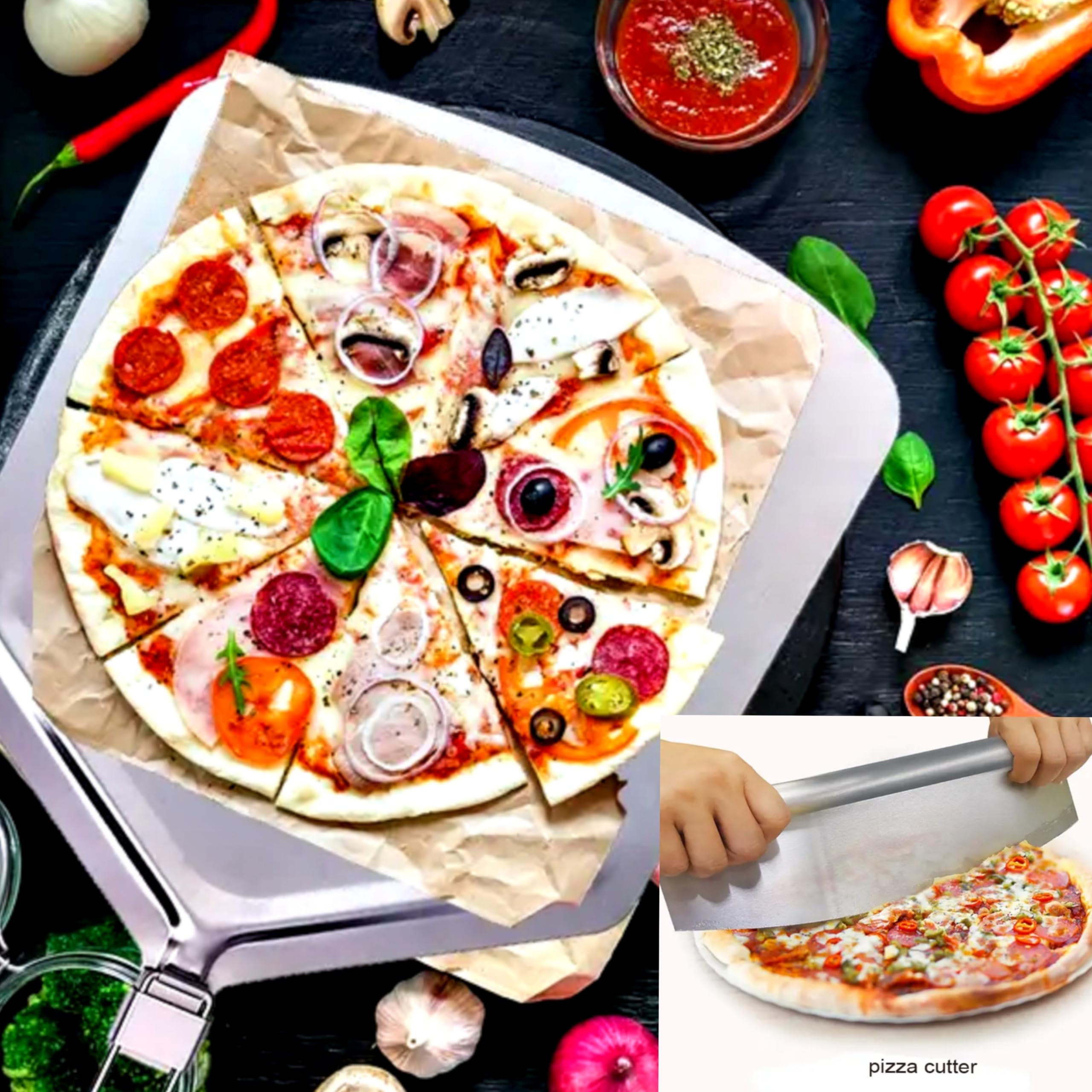 DJ-khanum Perforated Pizza Peel Set-12x14 Inch Aluminum Paddle, Foldable Handle, Stainless Steel Cutter, Spatula, and Tong - Ideal for Oven Baking, Dough, Bread & More, Pizza Accessories