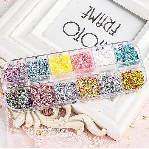 Miniatura 9 de Fragmentos irregulares de lámina de uñas con purpurina para arte de uñas, copos de lámina de ópalo con purpurina de aurora, polvos acrílicos para