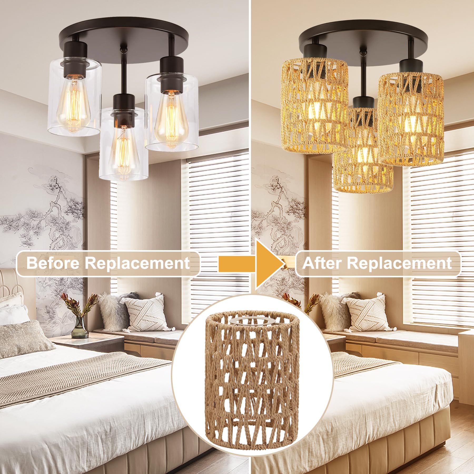 Fitter Farmhouse - Lámpara colgante de 1.63 pulgadas para candelabro, 1 paquete de pantallas de lámpara de ratán bohemio de 6.3 pulgadas de alto x 4.9 pulgadas de profundidad, repuesto para 7