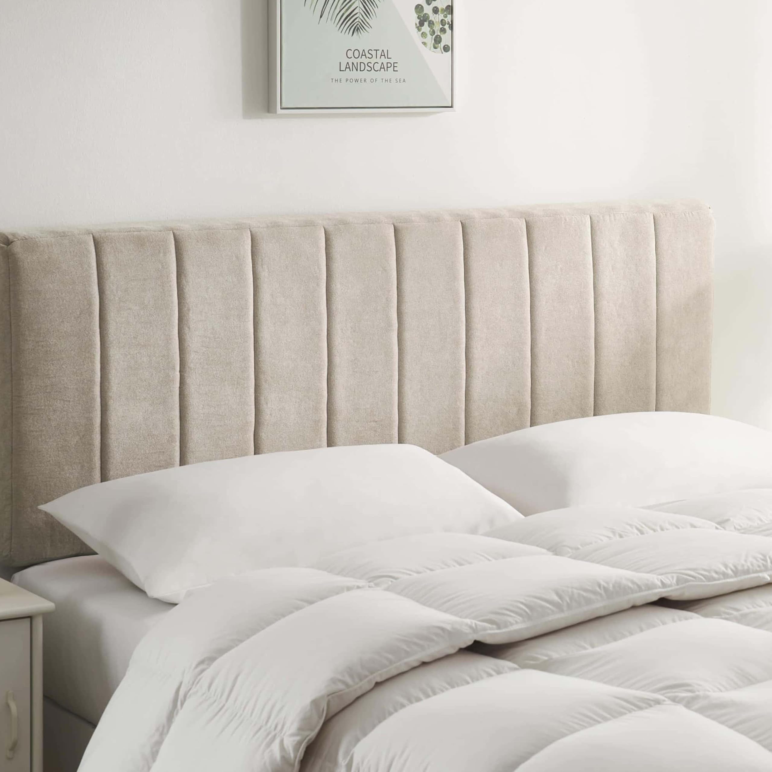 Upholstered Queen Headboard - Easy Assemble Channel Stitched Headboard Queen Size - Wall Mounted Headboard with 3D Soundproof Wall Panels Peel & Stick Floating Headboards for Queen Size Bed - Beige