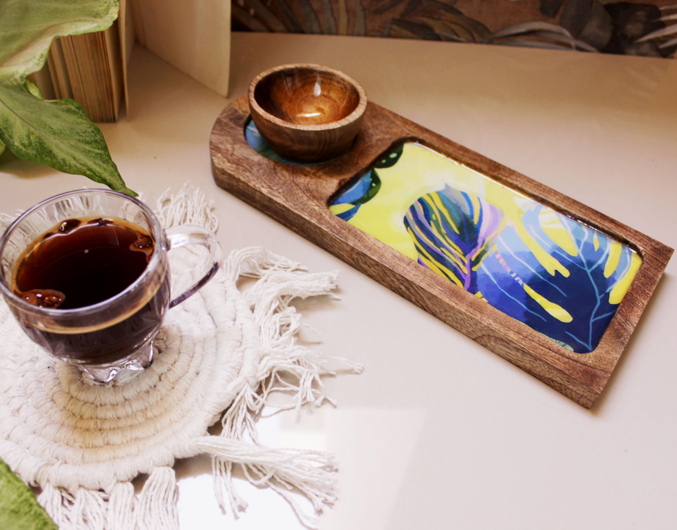 Monstera Hut ® Leafy Lush Bowl with Rectangular Tray | Platters for Serving Snacks | Unbreakable Serving Dessert and Snacks Platter/Tray