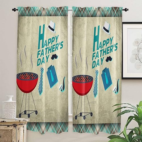 Kitchen Curtains 2 Panels Rod Pocket Tier Curtain Happy Father's Day BBQ Shabby Style Window Valance,Light Filtering Window Treatment Retro Wall