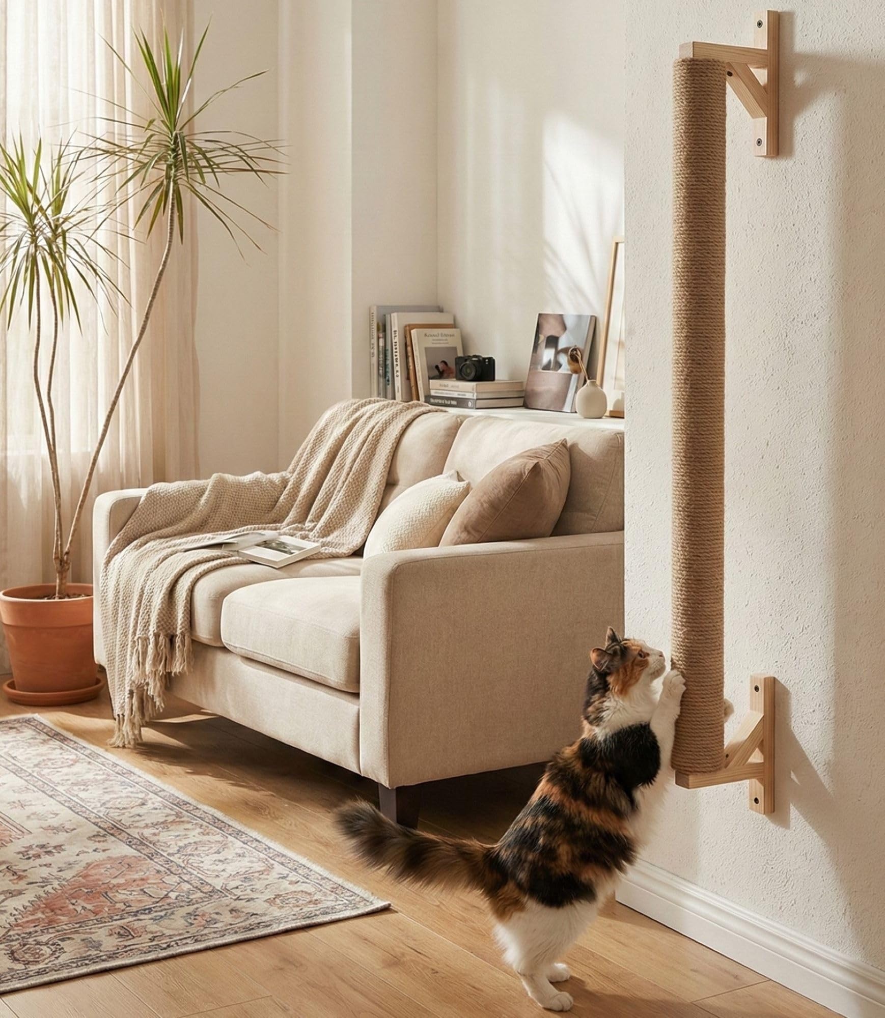 Wall Mounted Cat Scratcher 34' Sisal Cat Scratching Post Tree Kitten Sturdy Climbing for Indoor Cats Vertical Tall Wall Mounth Jute Fiber Cat Scratch Posts Tower Cat Climbing wall Systems