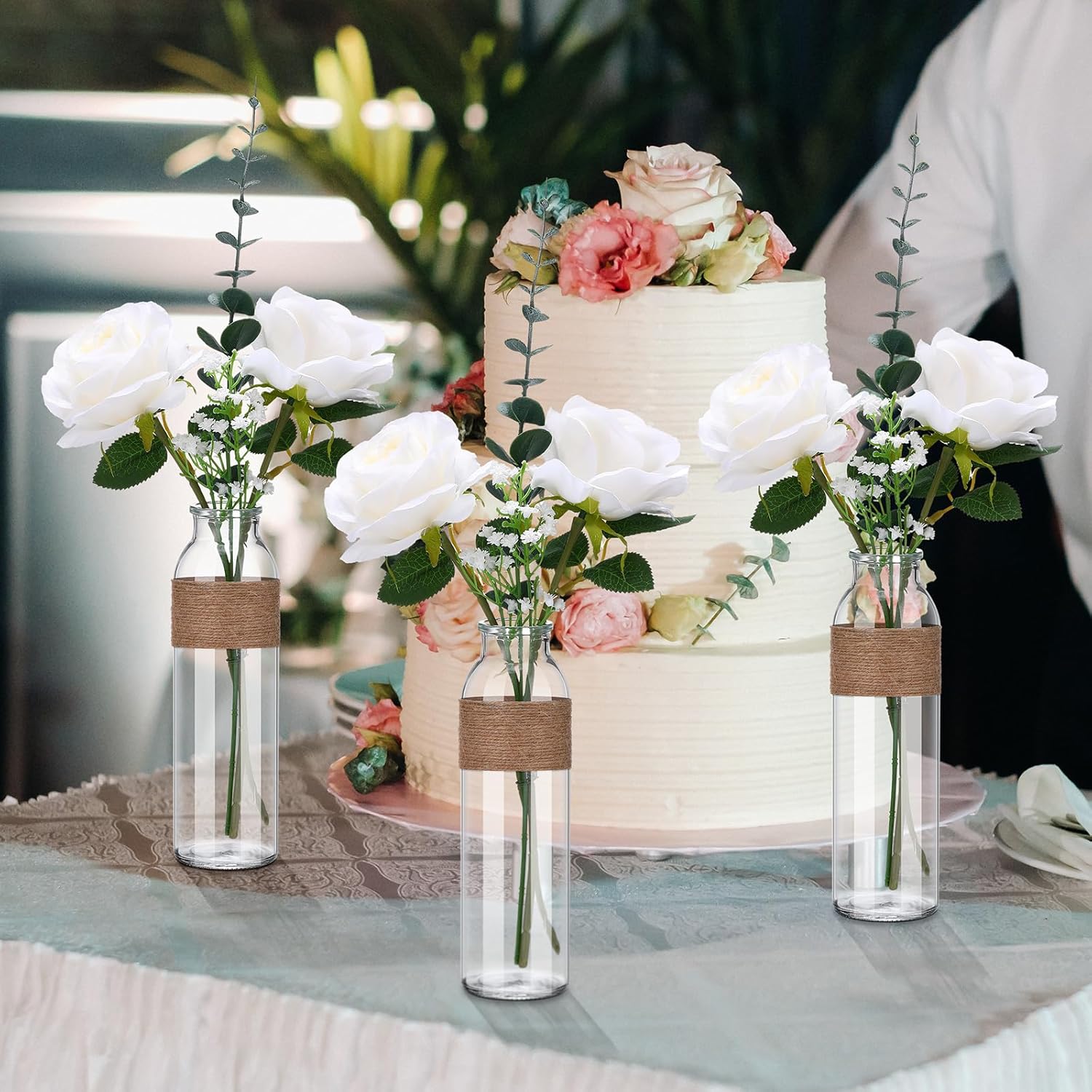 Qinyoung 10 Set Clear Glass Vase with Flowers Centerpieces 10 Clear Glass Jars 40 Artificial Plant with Rope Table Centerpieces for Wedding Rustic Baby Shower Party Farmhouse Home Decoration - Image 5