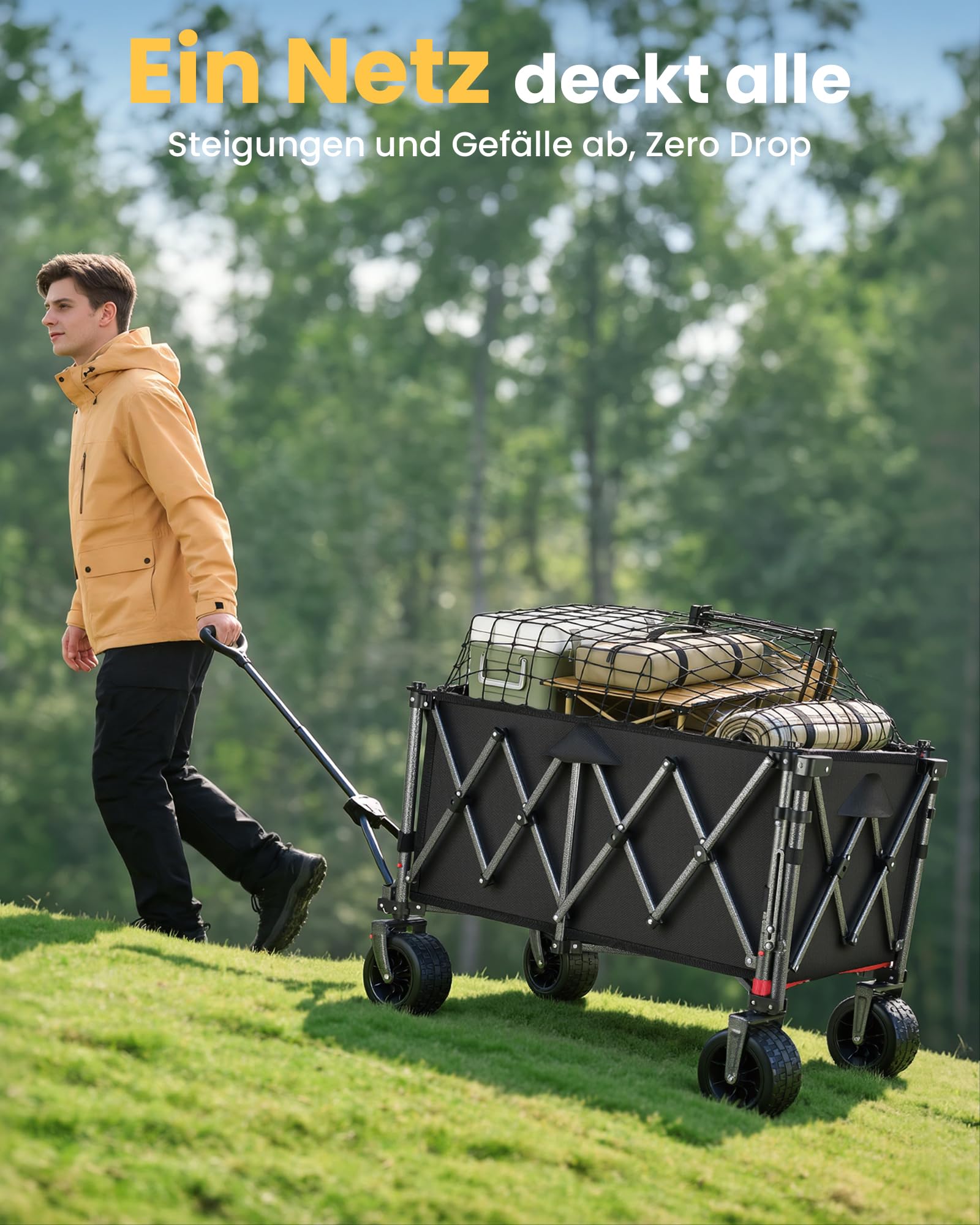 YEAUPE PRO Bollerwagen Faltbar 260L 250KG, 17cm All-Terrain-Räder, Schwarz | Faltbarer Bollerwagen & Wagon for Festival, Heckklappe für Überlänge, Leicht 13kg Strandwagen für Camping, Garten & Einkauf