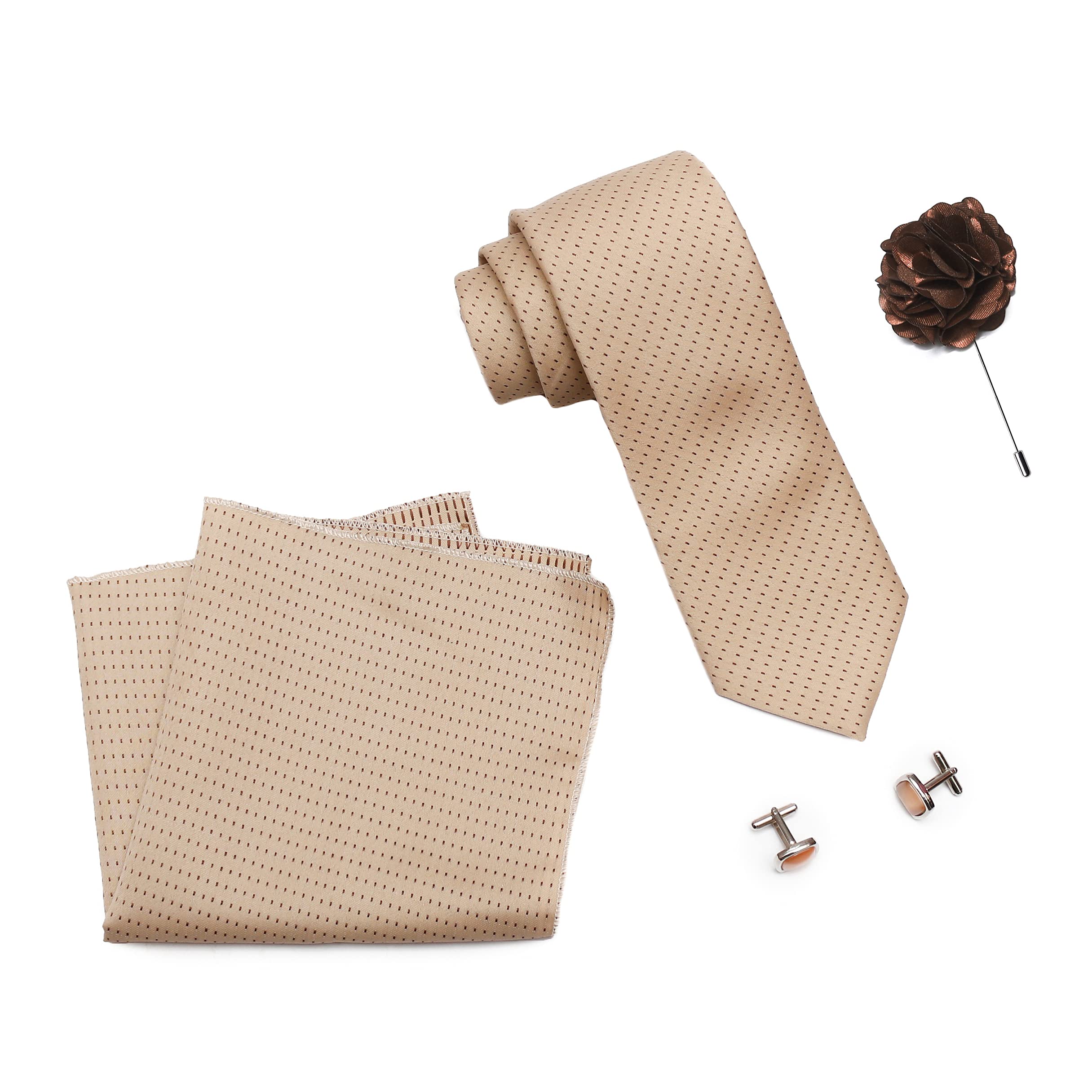 Axlon Tie for Men – Dotted Silk Neck Ties Set with Cufflinks Flower Pin, Pocket Square & Black Gift Box, Combo Necktie Sets for Office Wear, Formal Suits & Weddings (Beige, AXD1BGRX) - Image 5 thumbnail