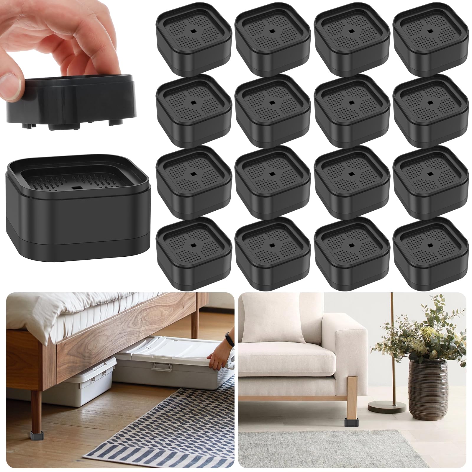16 Piece Adjustable Furniture Risers with Nonslip Bottom Stackable Bed Lifter Versatile Bed Raising Blocks 3.5cm Table Leg Extenders for Table Desk Couch Chair Sofa Cabinet Beds Legs Black(16pcs)