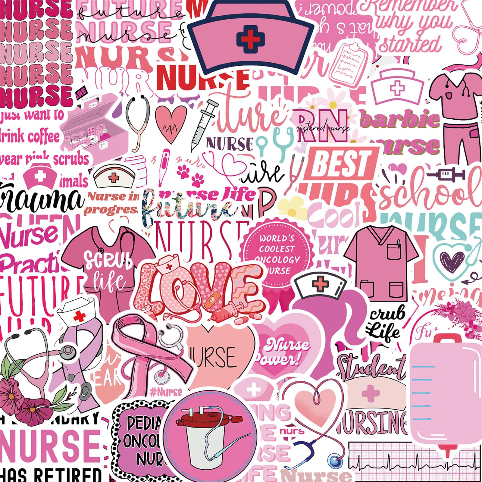Pink Nurse Stickers Nursing Sticker Pack 50PCS, Glueewee Nurse Accessories Vinyl Waterproof Stickers for Water Bottles Laptop Luggage Gifts for Woman