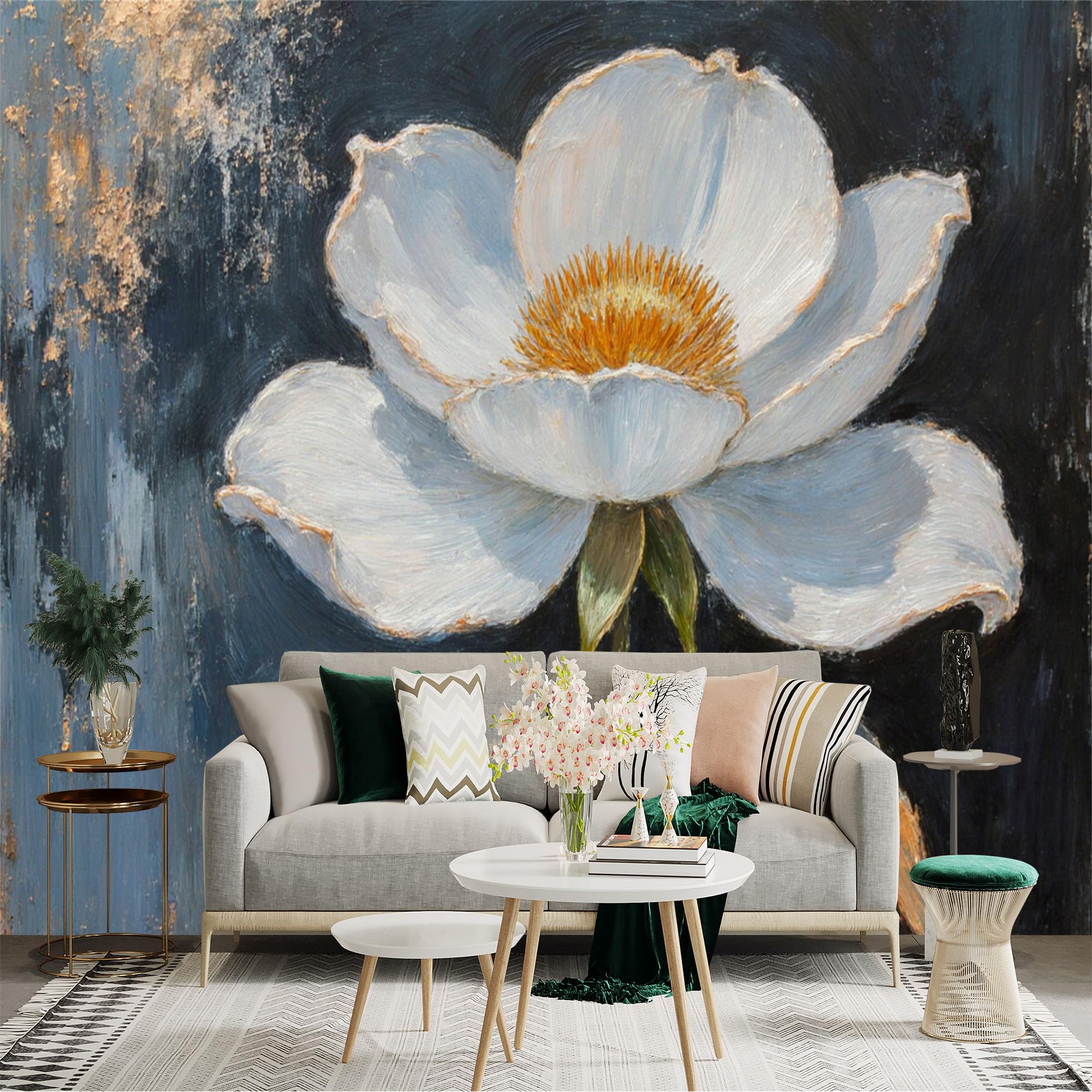 Custom Size Wall Sticker Mural， Elegant White Peony Flower， Abstract Oil Painting Texture， Dark Navy Background， Gold Foil Accents， for wall Decoration， peelandstick wall Decals.