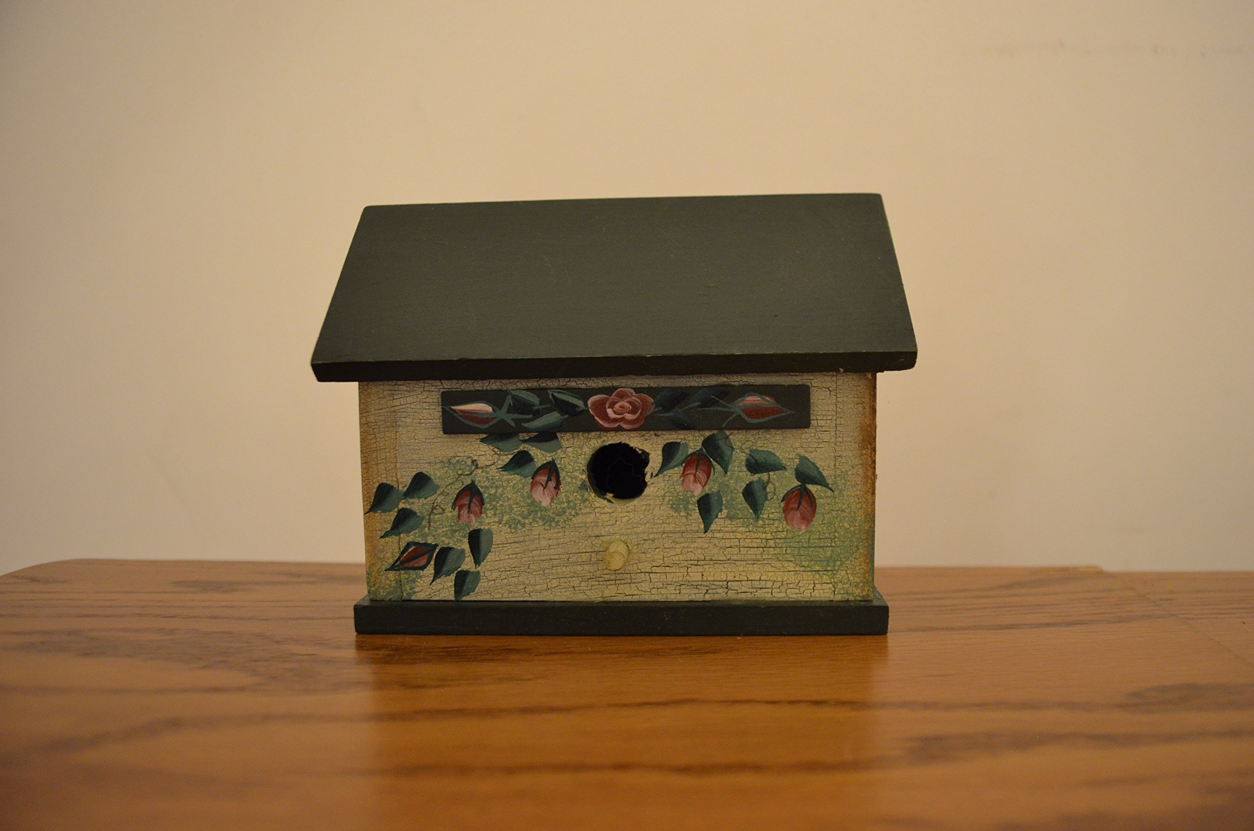 Wood Standing Decoration Birdhouse with Painted Pink Roses and Green Vines on Antique Chipped White Paint. Measurements Are 3 1/4 X 5 3/8 X 4 3/8