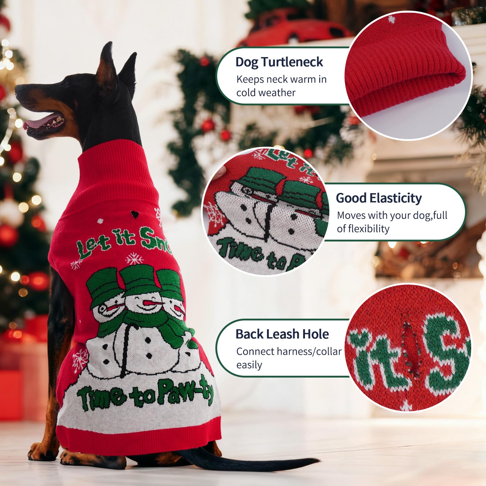 IECOii Pull de Noël pour chien de grande taille, à col roulé avec trou pour laisse, sans manches, facile à enfiler, motif bonhomme de neige, flocon de neige pour photos de Noël, rouge, taille XXL