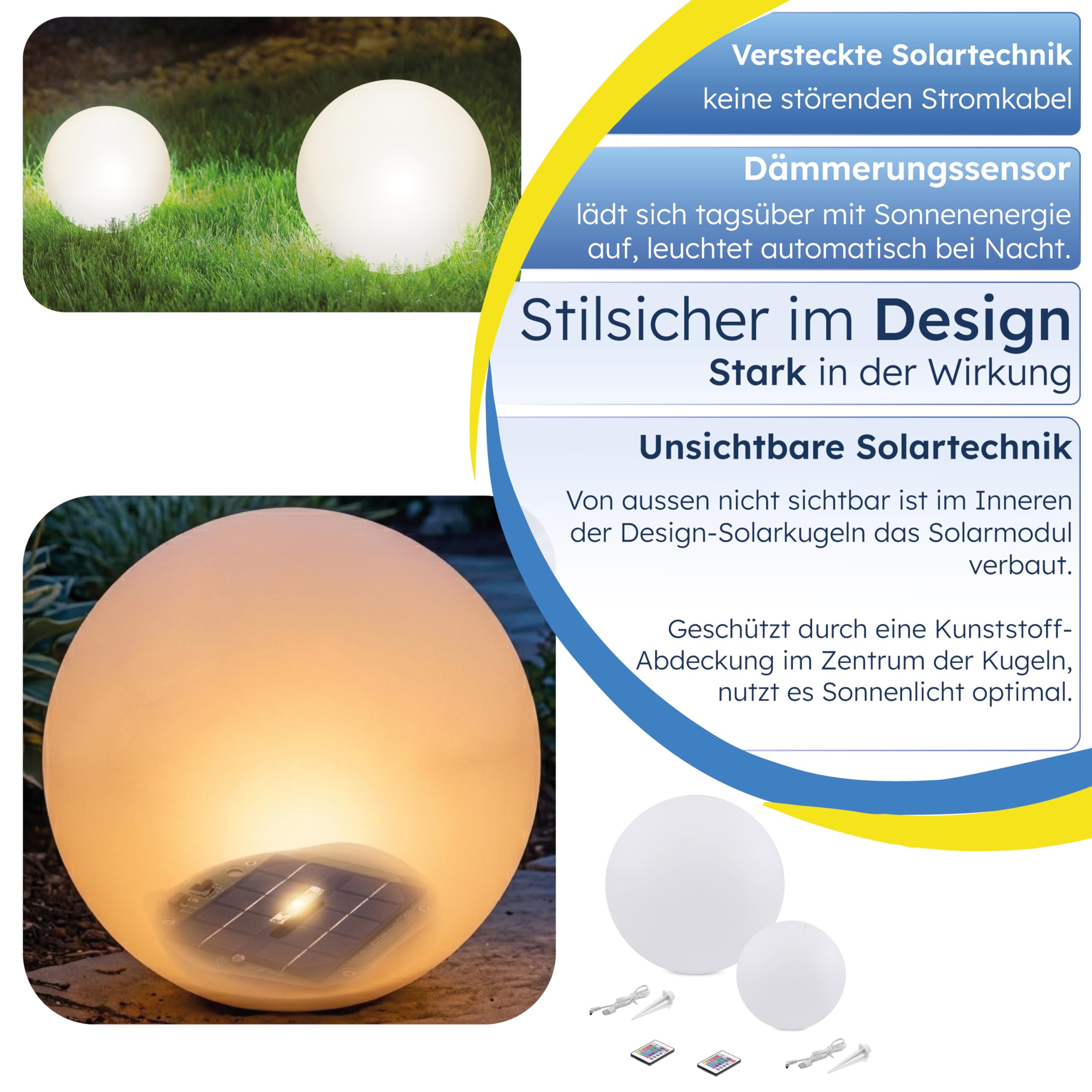 Esotec Solarkugeln Siena, 2er Set, multicolor, 20+30cm, Fernbedienung, USB, 16 Leuchtfarben, Akku, Solarmodul, Erdspieß, Solarleuchte, Kugelleuchte, außen, winterfest, wetterfest, 102894