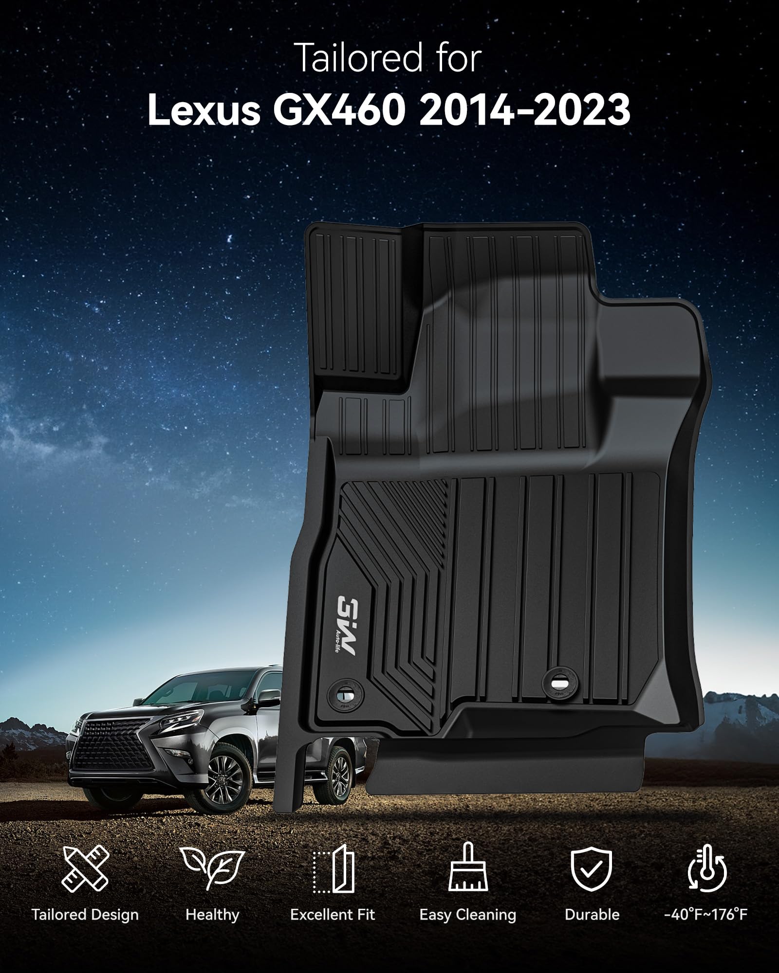 3W Floor Mats for Lexus GX460 2014-2023 only for 7 seat TPE All Weather Custom Fit Floor Liner — view 2