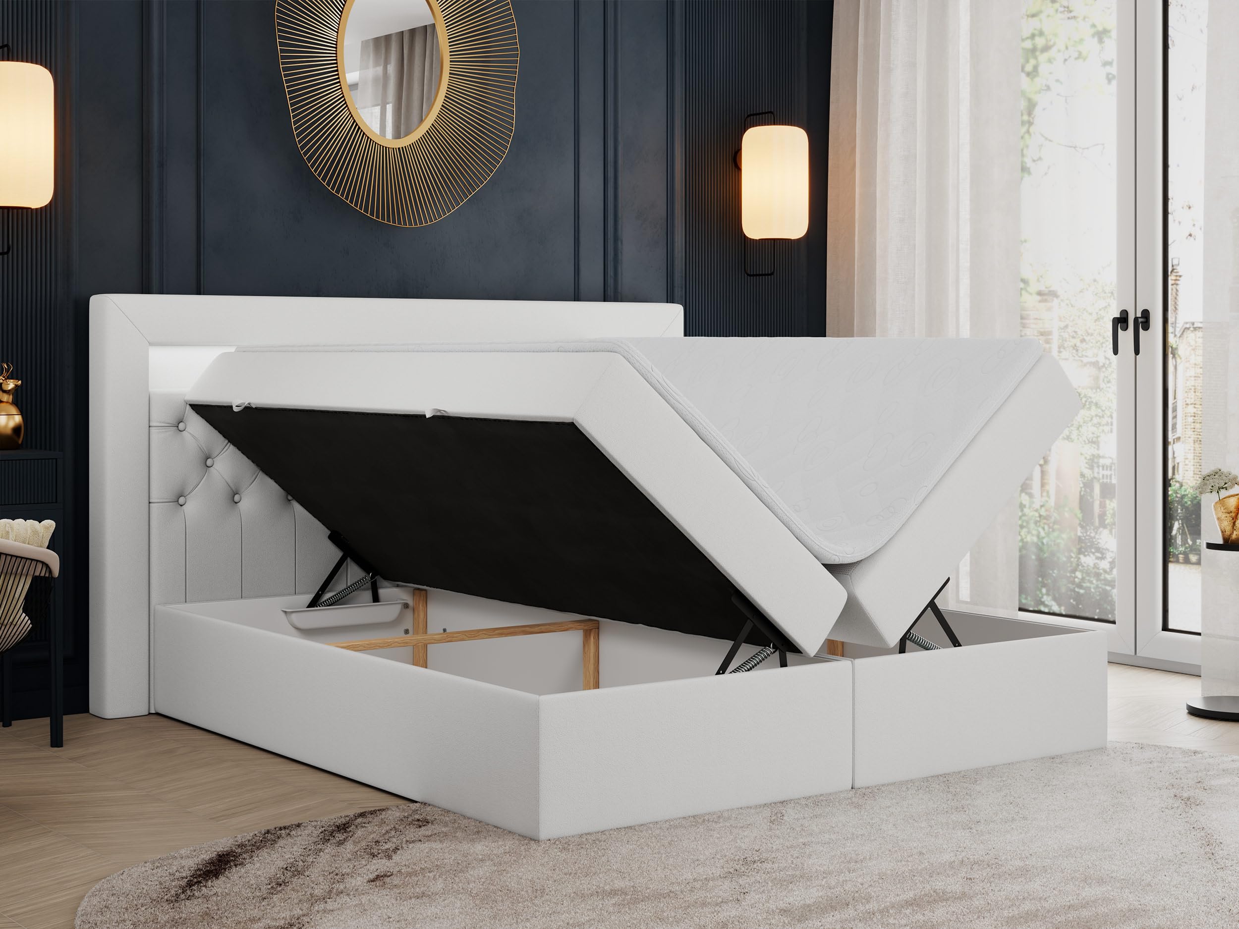 MKS MEBLE Boxspringbett 180x200 mit Led Weiß Kunstleder, Bett 180x200 mit LED Kopfteil, Multipocket Matratze H3, Doppelbett mit Bettkasten Stauraumbett - Gold-6 - Weiß Kunstleder