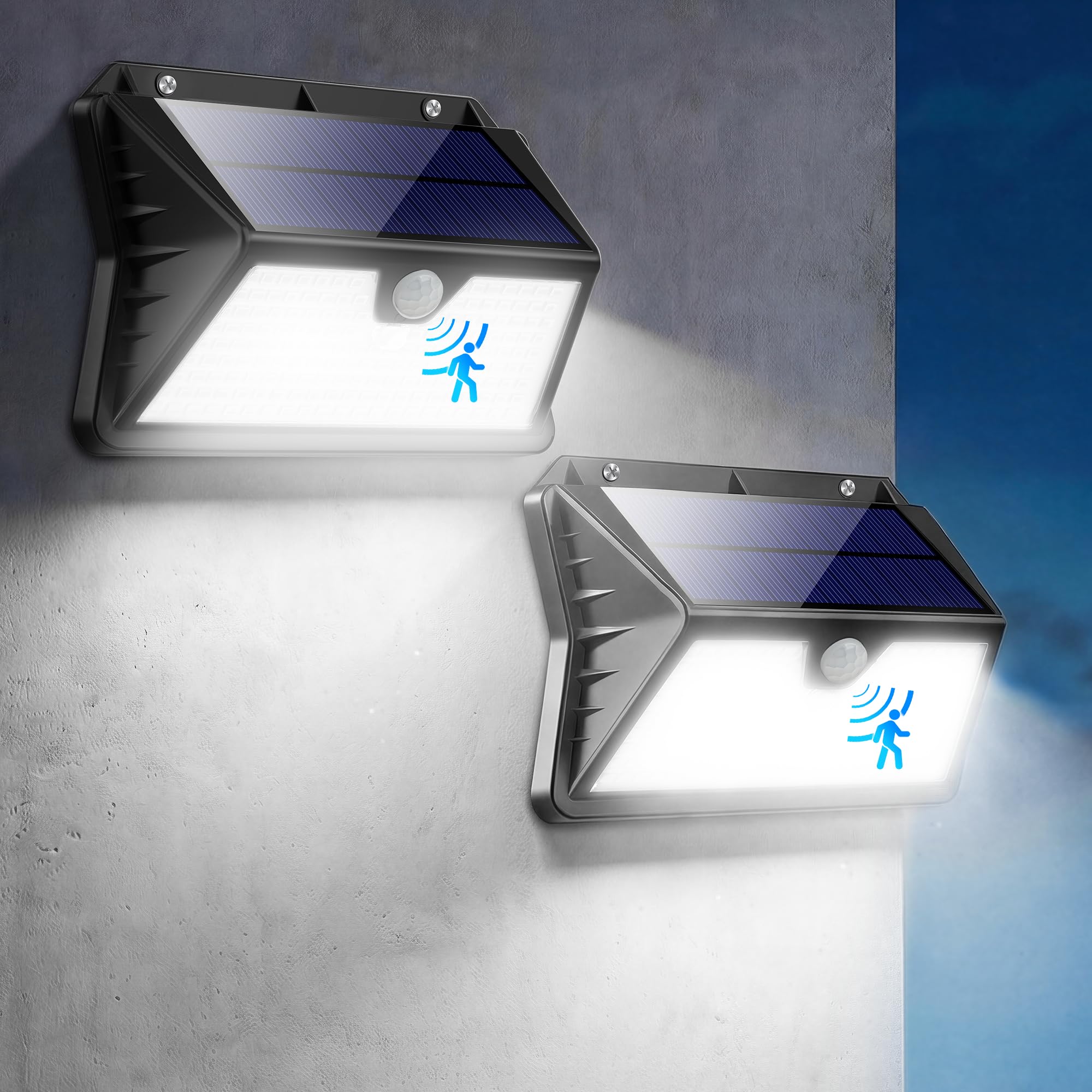 OUILA Solarlampen für Außen mit Bewegungsmelder, 【4 Stück】 185 LED 3 Modi Solarleuchten für Außen IP65 Wasserdichte, LED Außenwandleuchten für Wandleuchte, Garten, Hof, Garage, Haustüren（Warmweiß）