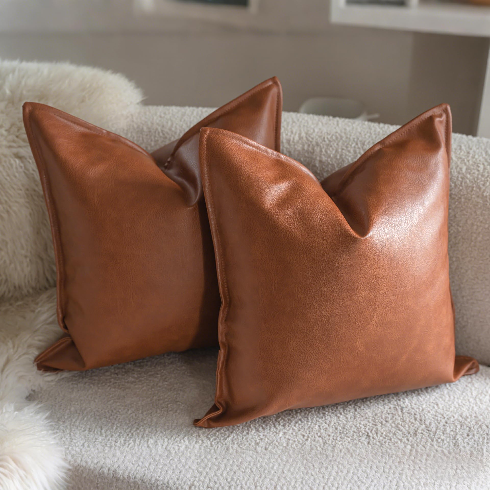 Neelvin Set of 2 Faux Leather Decorative Throw Pillow Covers Luxury Throw Pillow Cushion Covers 40cm x 40cm Modern Solid Couch Cases for Bed Sofa Couch Brown 16x16 inch - Image 2
