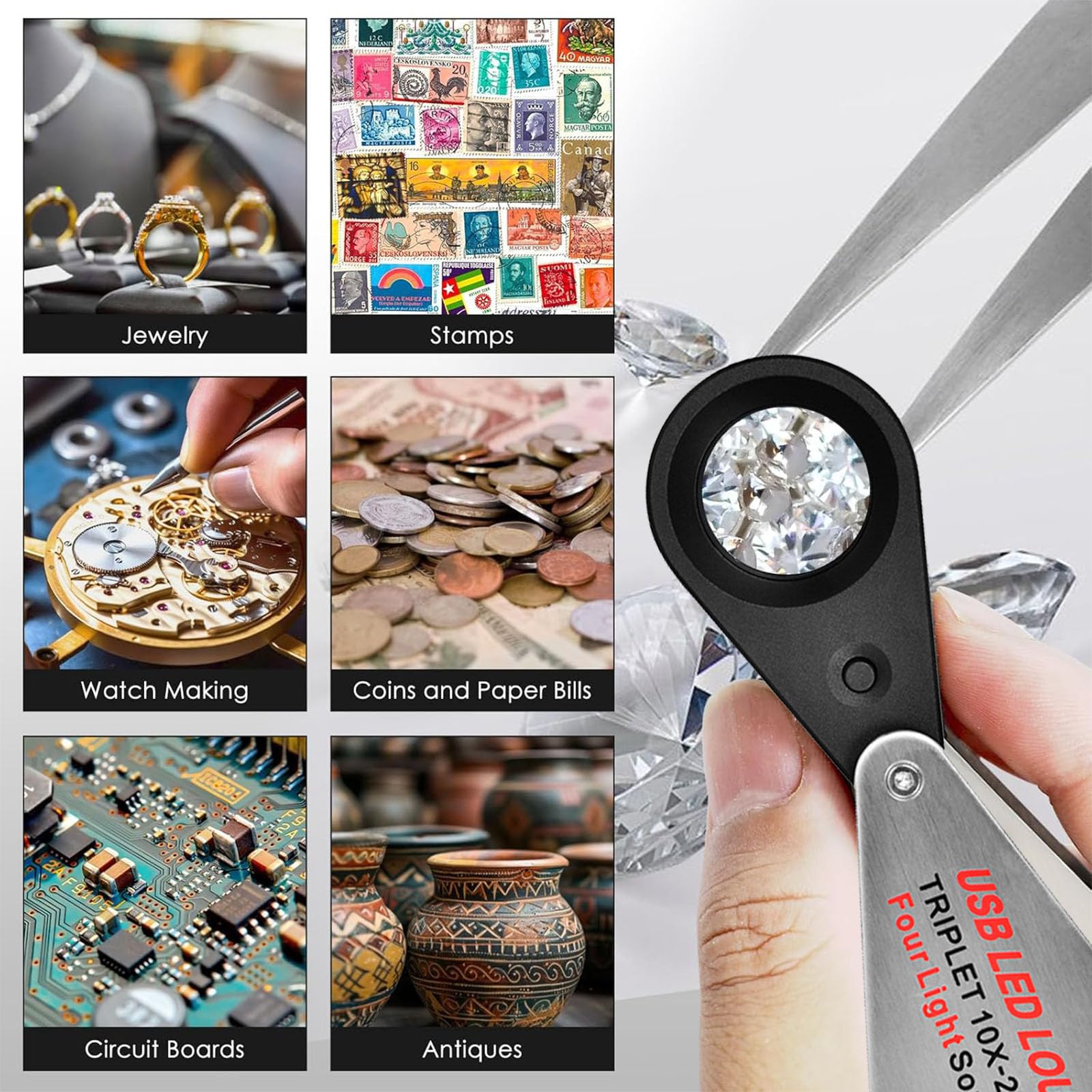 Lupa de joyería recargable por USB con luces UV y LED, cuatro tipos de luz, lupa de ojo iluminada plegable para joyas, piedras preciosas, monedas, sellos, relojes
