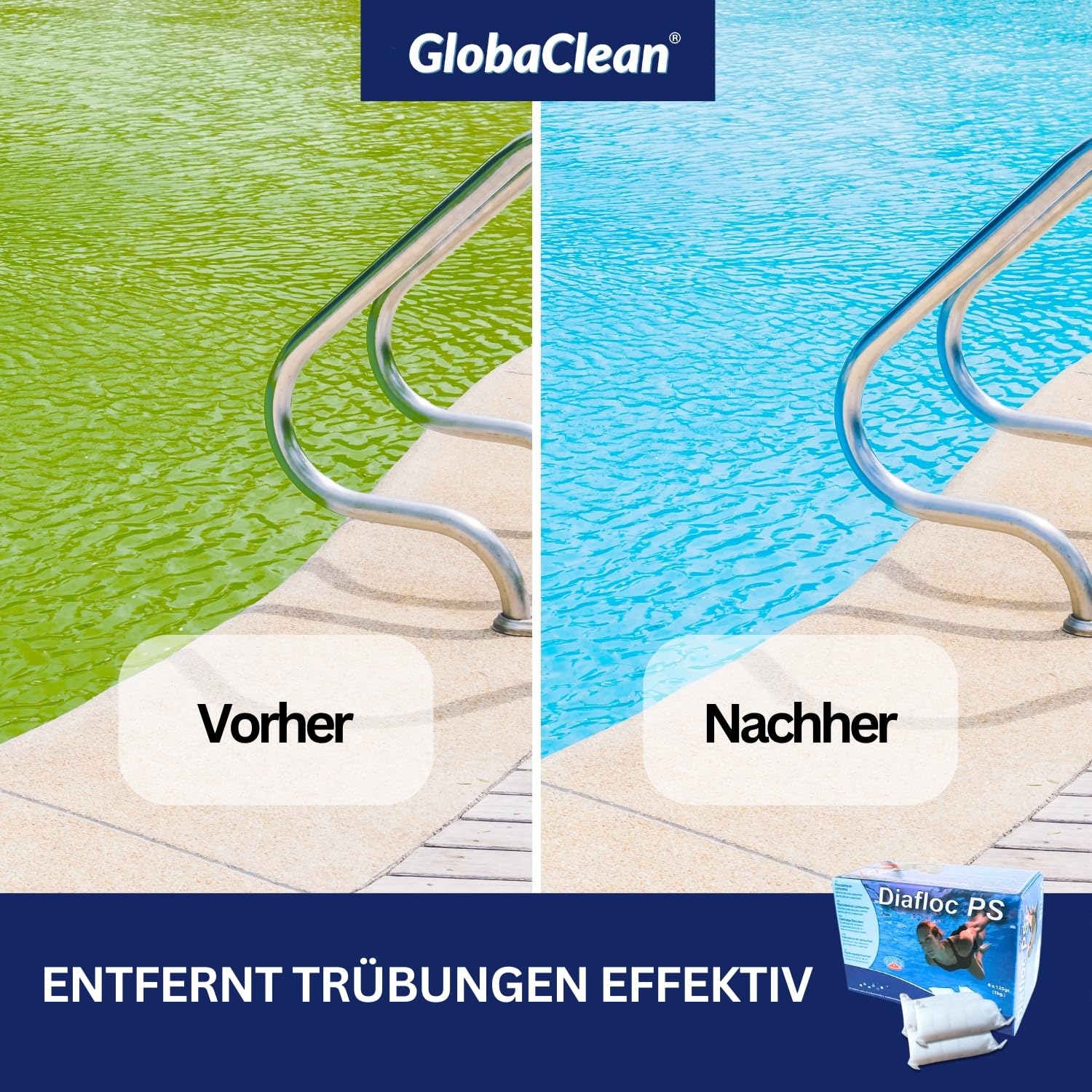 GlobaClean 2X 1kg Flockmittel Pool Kartuschen 16 x 125g für Sandfilter & Filterglas. Pool Flockungsmittel und Poolpflege, Poolklar, Poolreiniger, Pool Zubehör für klares Poolwasser