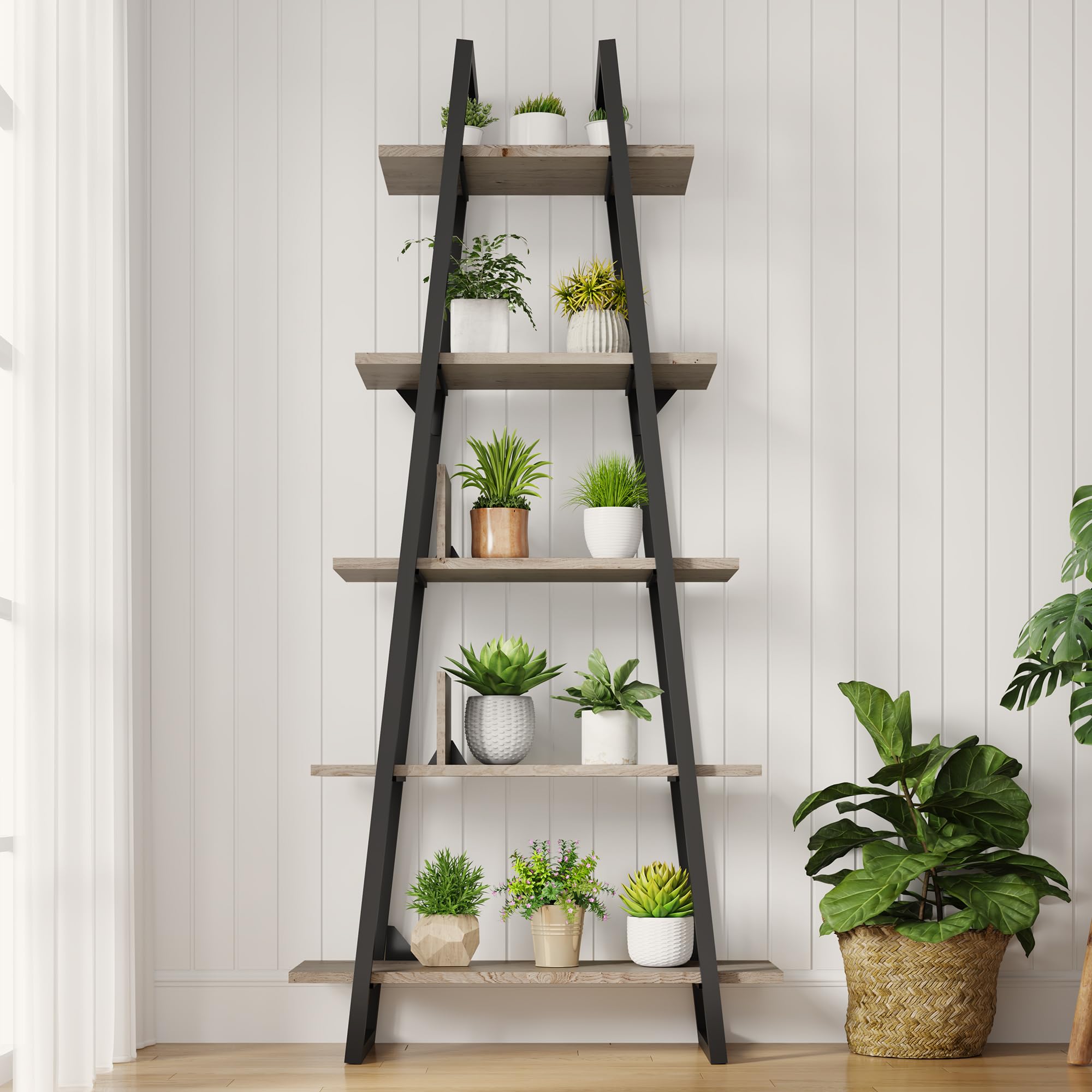 IDEALHOUSE 72" Book Shelf with Metal Frame, A-Shape Ladder Shelf with 5-Tier Wood Adjustable Shelves, Industrial Bookcase with Function Bezel for Home