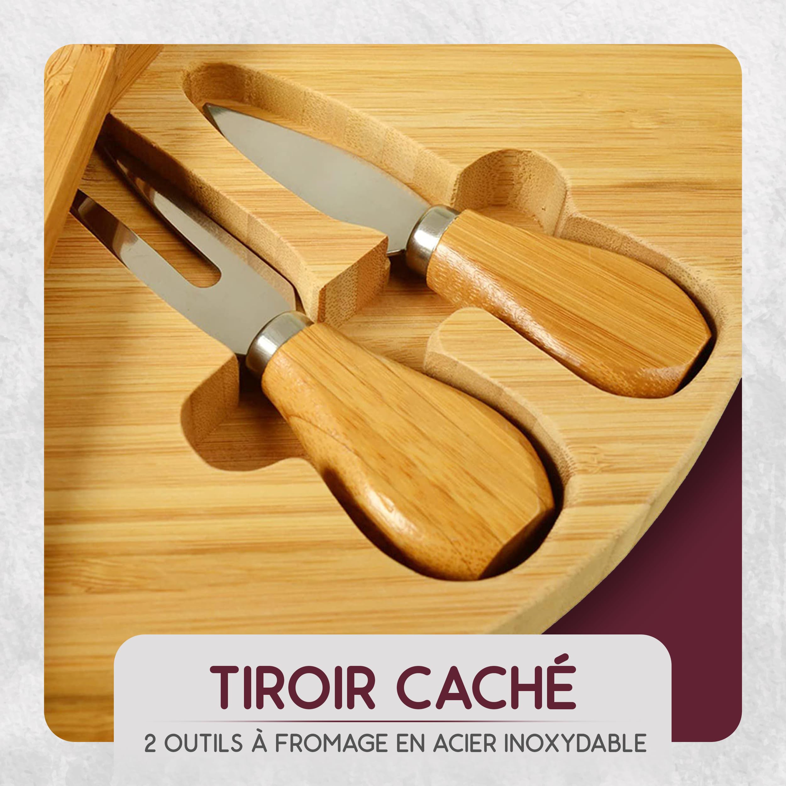 Plateau à Fromage Rond en Bambou avec Couteau à Fromage, Plateau de Service Tournant en Bois à 4 Couches, Plateau en Bois Coulissant pour Charcuterie, Amuse-Bouches et Planche Apéro.