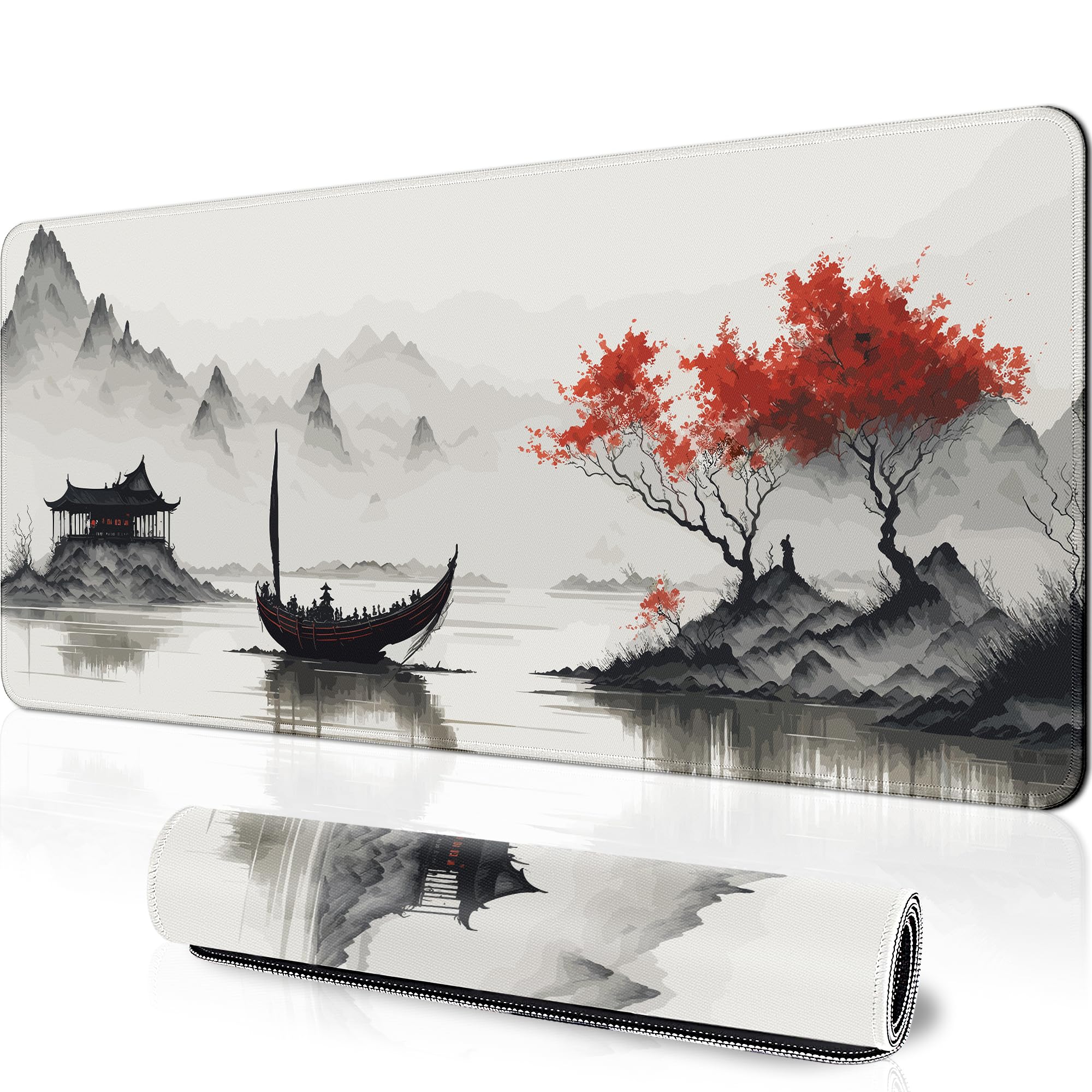 Japanese Cherry Blossom Large Gaming Mouse Pad for Desk,Big Mouse Pad Gaming Desk Mat for Keyboard and Mouse,31.5x11.8in Mousepad with Stitched Edge,Non-Slip Base Computer Keyboard Mouse Mat Desk Pad