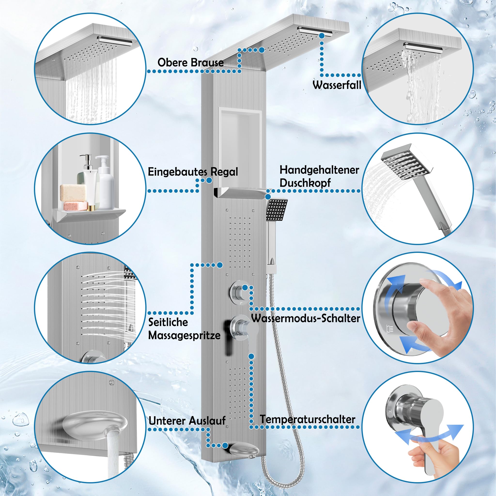 Froadp Panel prysznicowy, deszczownica, stal nierdzewna, system prysznicowy, 5 funkcji, montaż ścienny, zestaw prysznicowy ze słuchawką prysznicową, deszczownicą, prysznicem do masażu, wodospadem