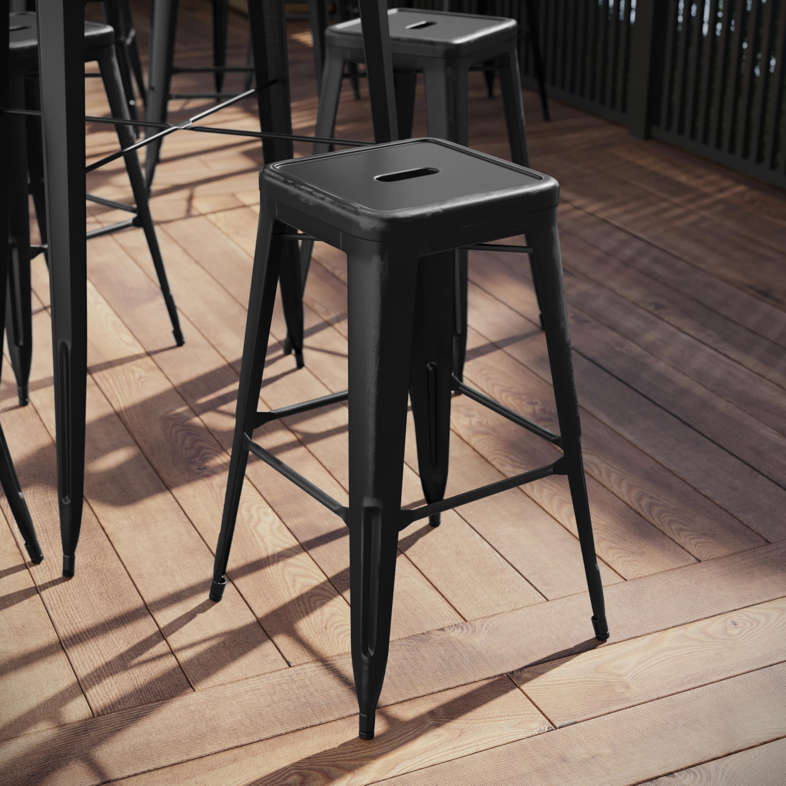 BizChair Commercial Grade 30" H Backless Distressed Black Metal Indoor-Outdoor Barstool