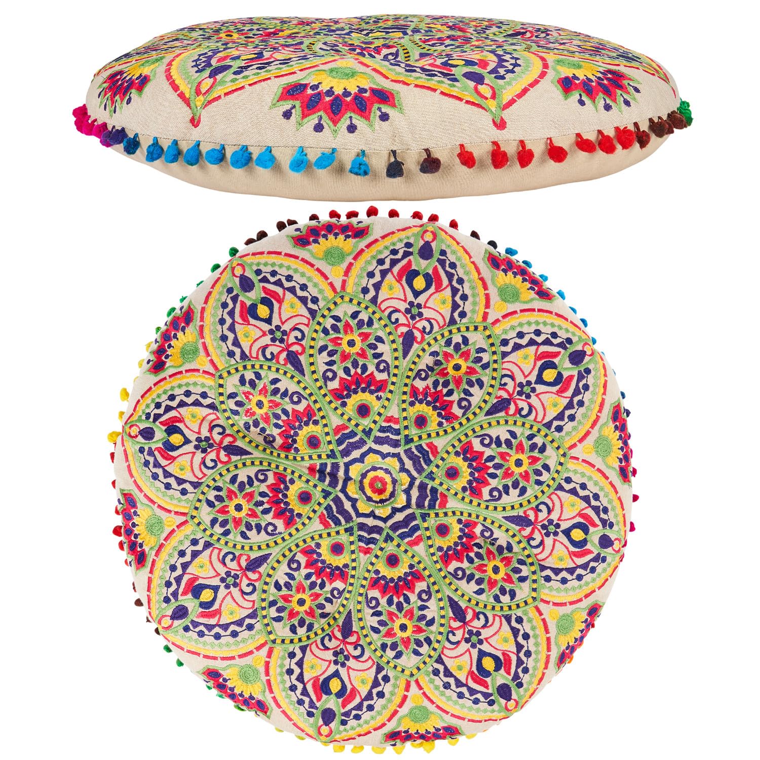 Boho Bodenkissen Hakika handgefertigt aus Baumwolle in Beige 55 cm