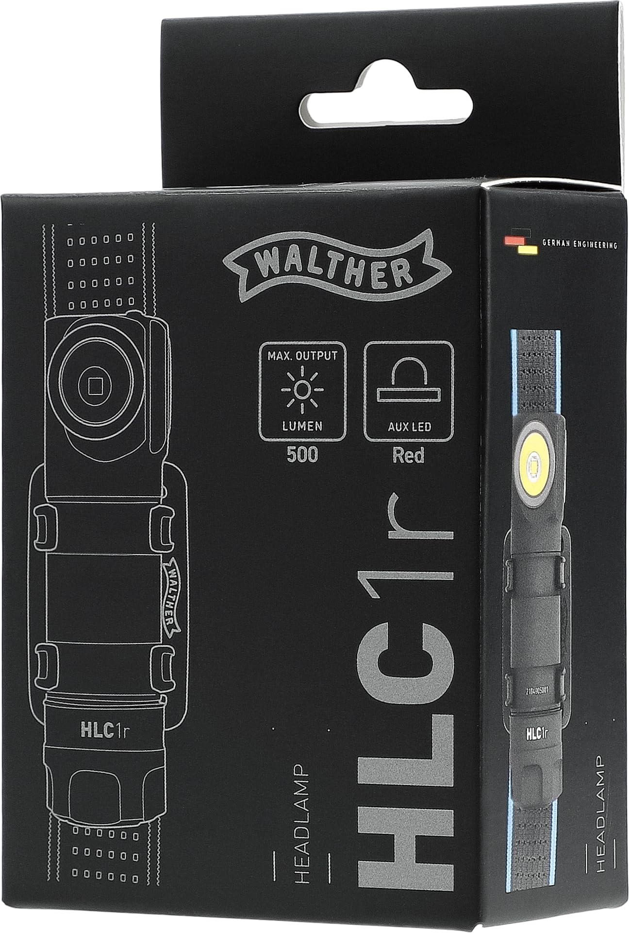 Walther HLC1r Stirnlampe, Wiederaufladbar, USB Kopflampe, IPX6 Wasserdicht, inkl. Akku 18350, Ladekabel, MOLLE-Clip, Handschlaufe und Ersatzdichtung