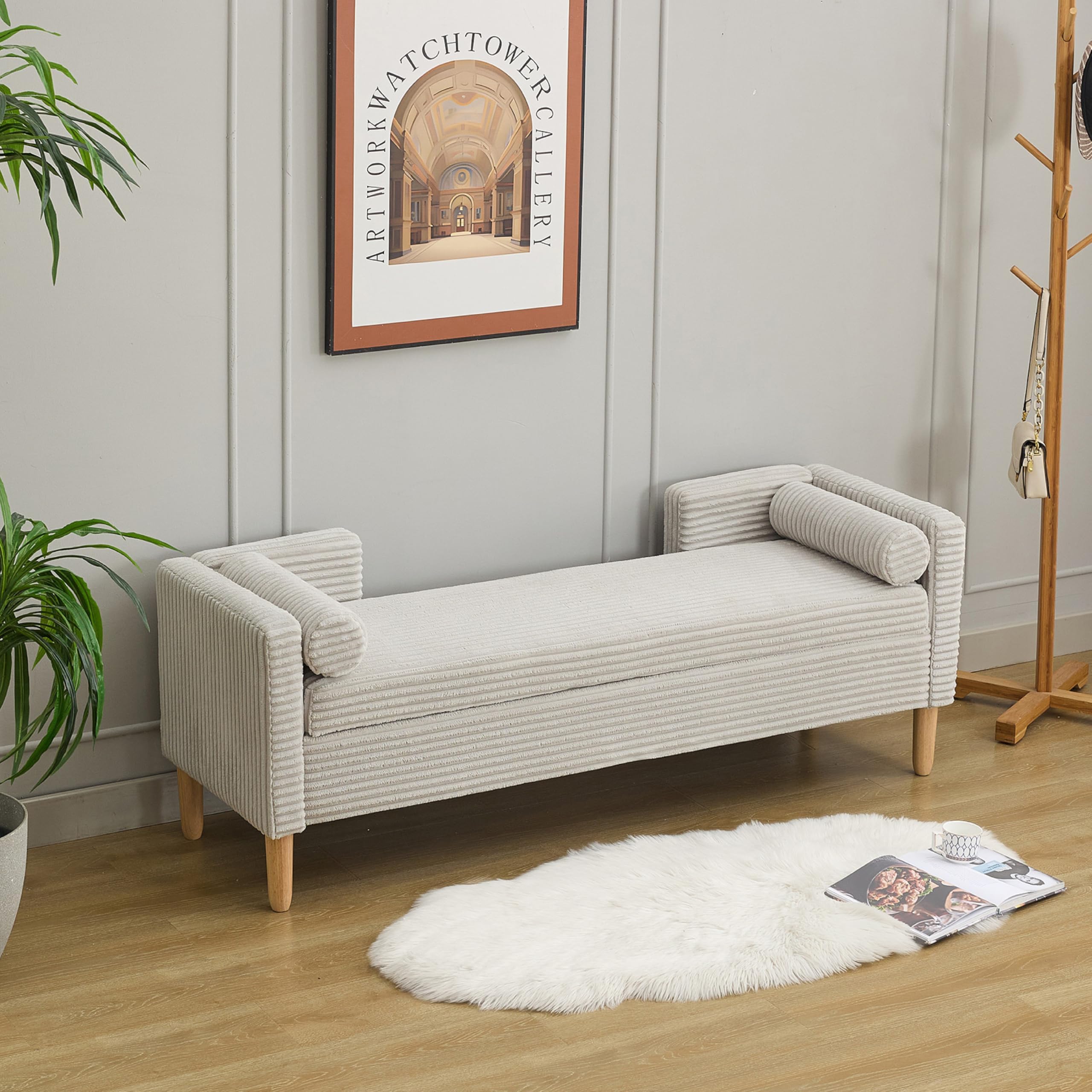 End of Bed Storage Bench, 65'' Benches for Bedroom Foot of Bed King Size, Storage Ottoman Bench with Wood Legs, Upholstered Storage Bench with