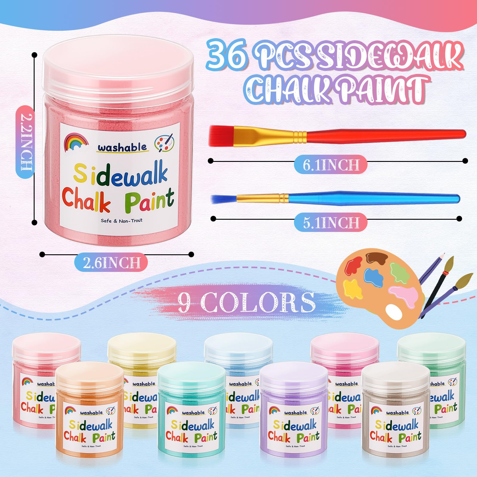 Faccito Kit de 36 pinturas de tiza para acera, no tóxicas, lavables, con pintura en polvo, mezcla en agua, 9 colores vibrantes con 8 pinceles para diversión creativa en acera y pizarra