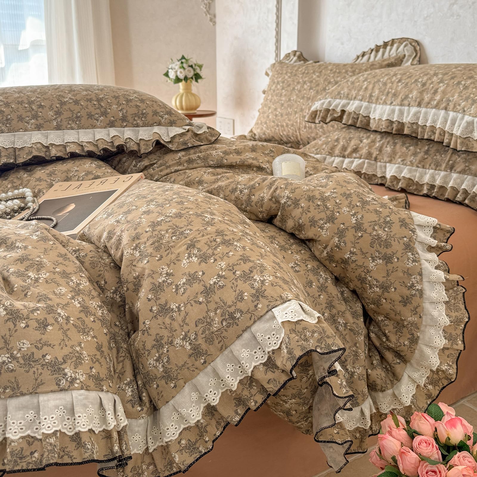 VM VOUGEMARKET Cotton Muslin Duvet Cover Queen Vintage Tan Floral Bedding Set with Ruffles,Soft,Breathable Linen Like Gauze Comforter Cover with Zipper Closure 90"x90"