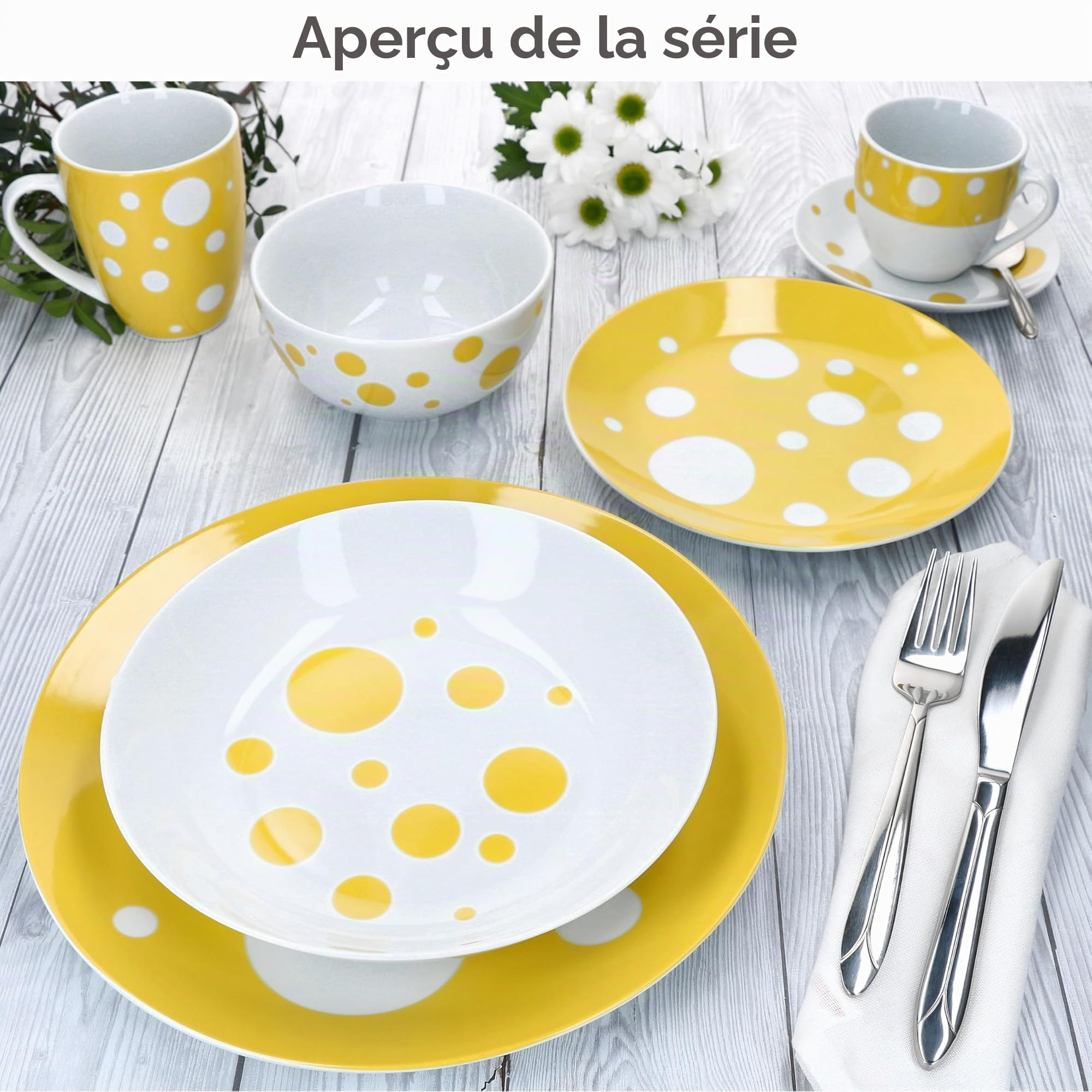 MamboCat Pula Service de table jaune 12 pièces I Vaisselle en porcelaine blanche à pois pour 6 personnes I 6 assiettes creuses & 6 assiettes plates pour petit-déjeuner, déjeuner et dîner
