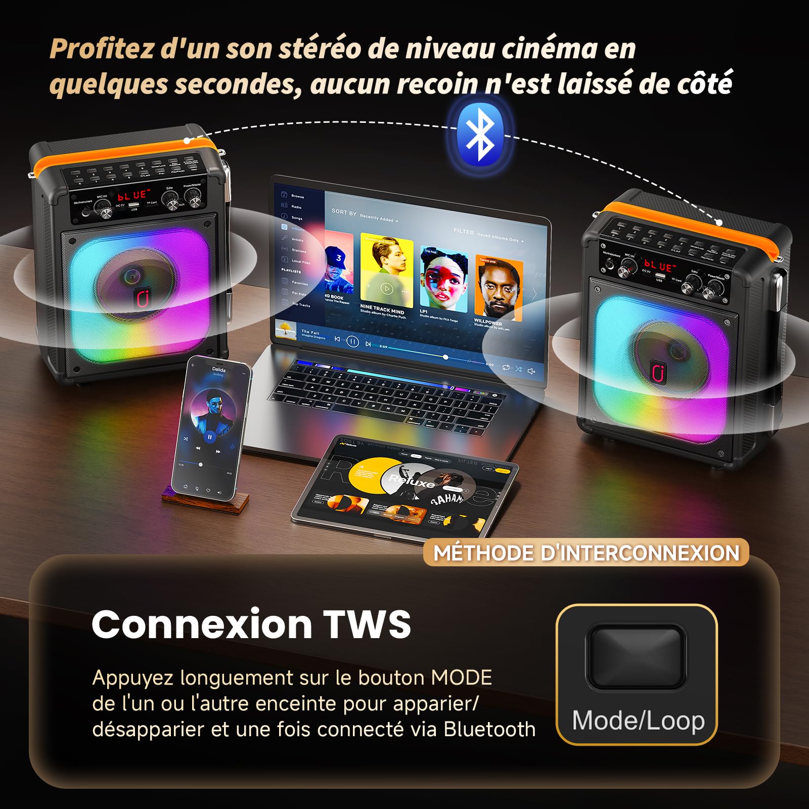 HWWR Enceinte Karaoke 2 Micro sans Fil, 60W Haut-Parleur Karaoke Complet avec Lumières de fête, Karaoke Adulte et Enfants, Portable Système Karaoké Support TWS/AUX/FM/USB/TF Carte