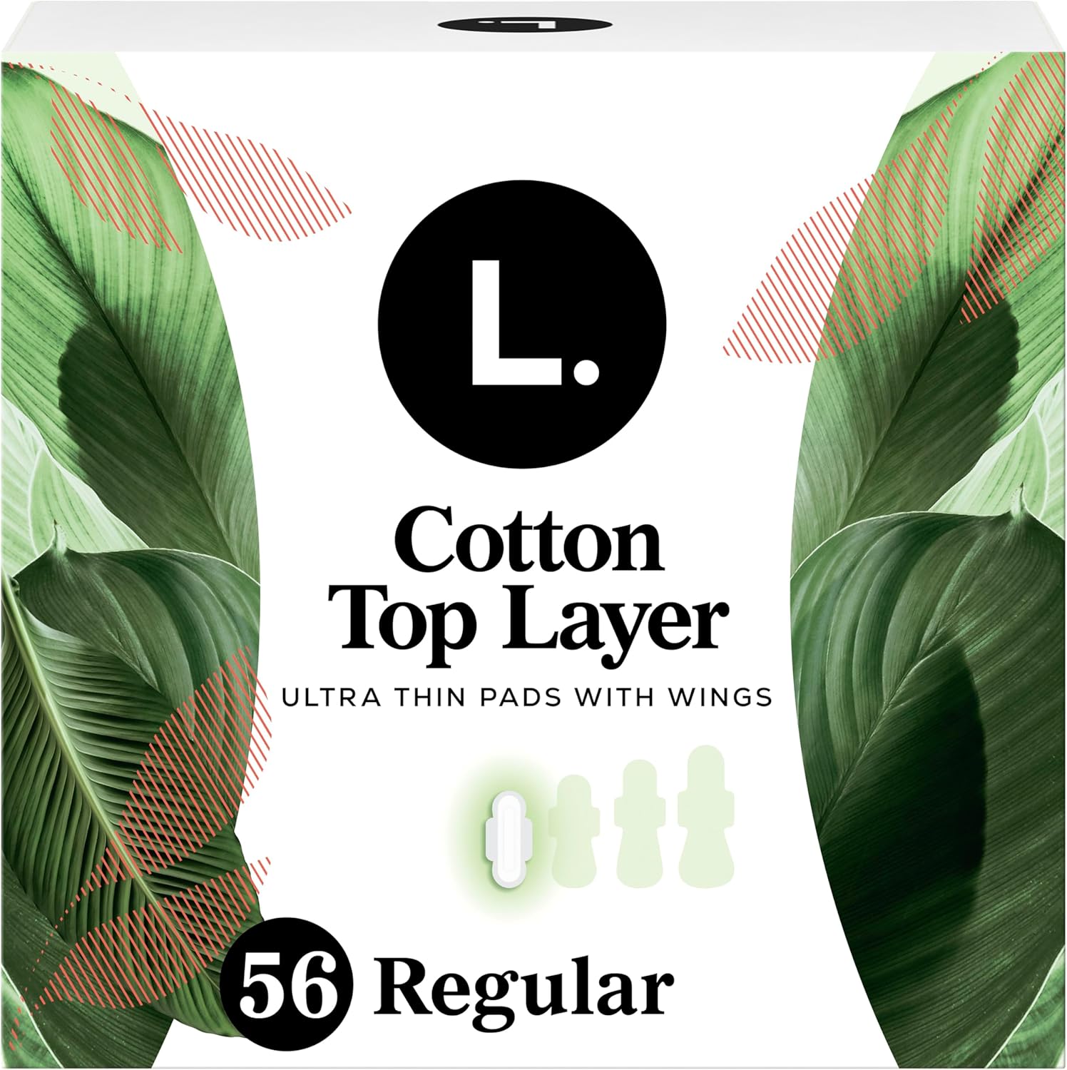 L. Ultra Thin Pads for Women, Regular Absorbency, Organic Cotton Top Layer, Unscented Pads with Wings, 56 Count L. Ultra Thin Pads for Women, Regular Absorbency, Organic Cotton Top Layer, Unscented Pads with Wings, 56 Count