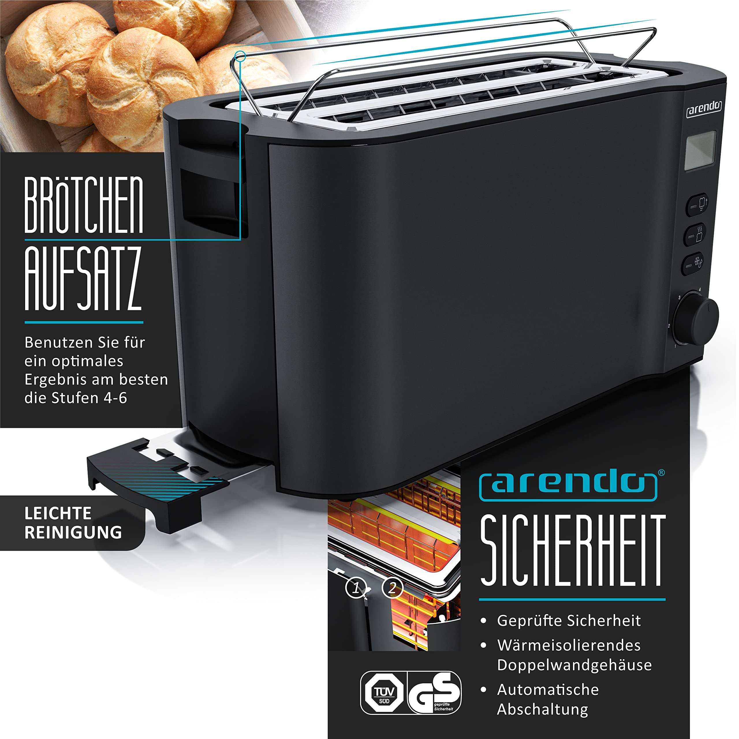 Arendo Wasserkocher Toaster SET Edelstahl Schwarz 1,5L 40-100°C Warmhaltefunktion 4 Scheiben LED-Display 6 Bräunungsgrade
