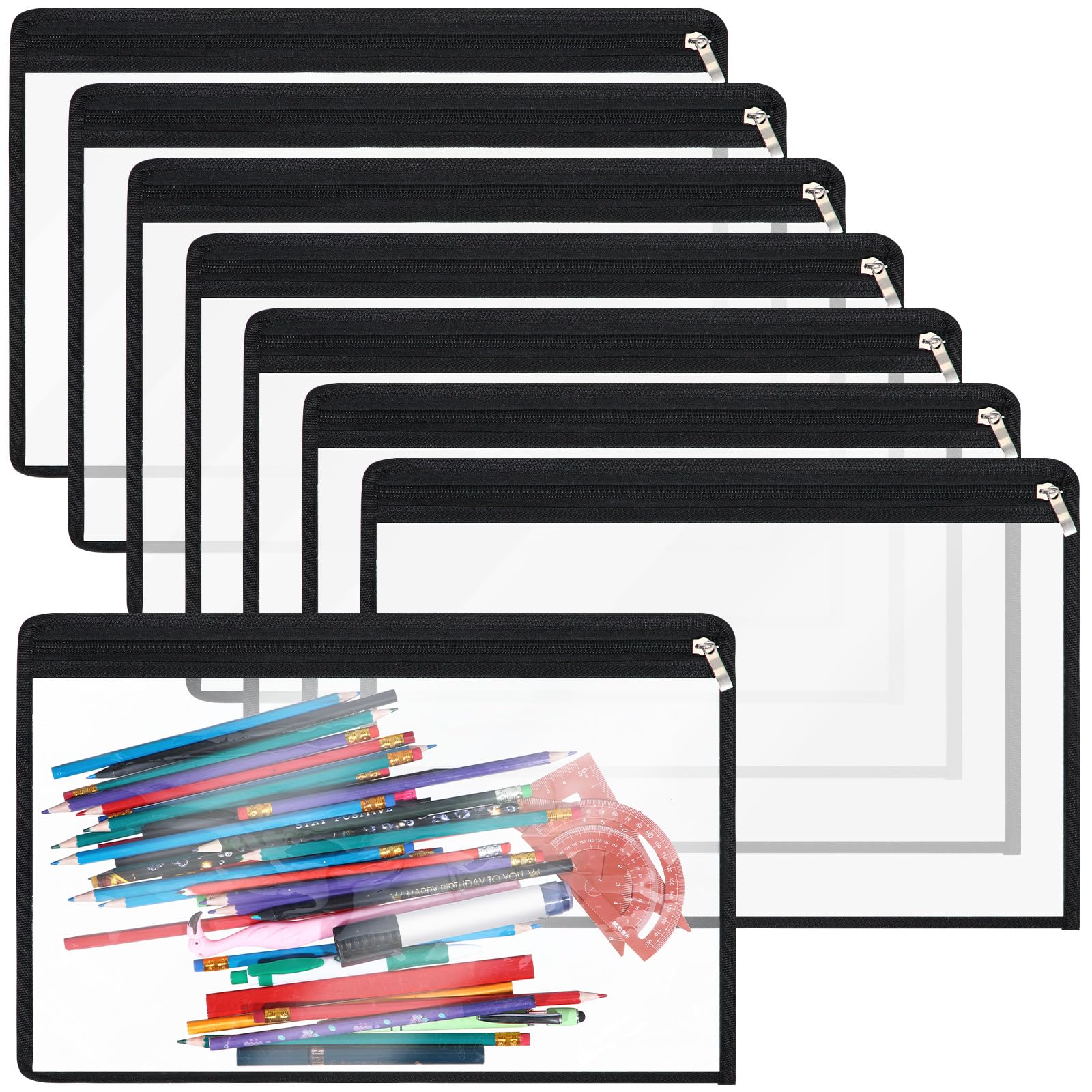 Outus 8 Pcs Clear Zipper Pouches Pencil Pouches PVC Makeup Pouch Envelopes Folder Storage Multi purpose Pouch Document File Organization Bags, Office Supplies (Black Edging,15.3 x 10.8 Inch) โ image 1