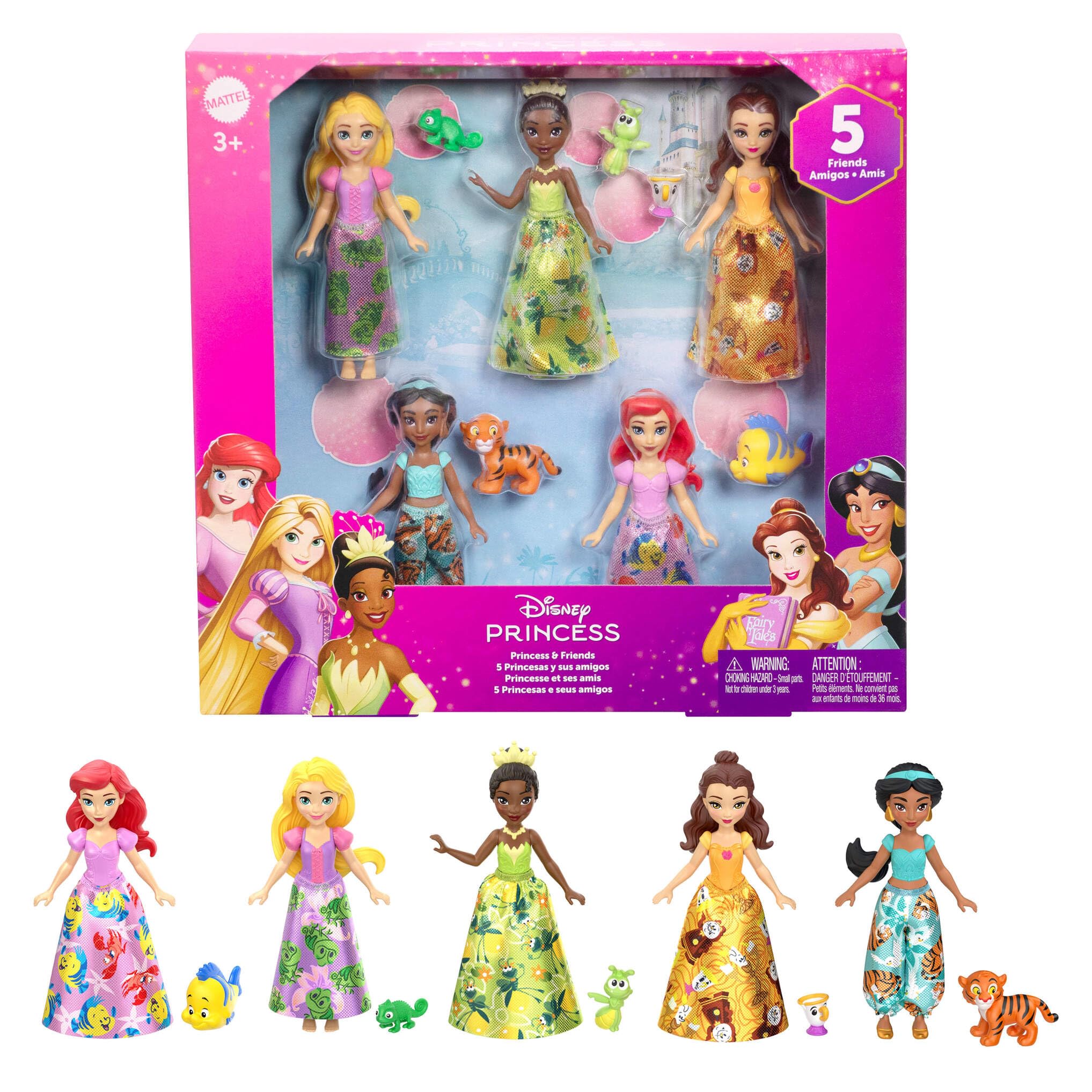 Mattel Disney Princesas y amigos Conjunto de juego con cinco muñecas pequeñas articuladas con faldas o pantalones extraíbles y cinco figuras de amigos, inspiradas en las películas de Disney, JBL33