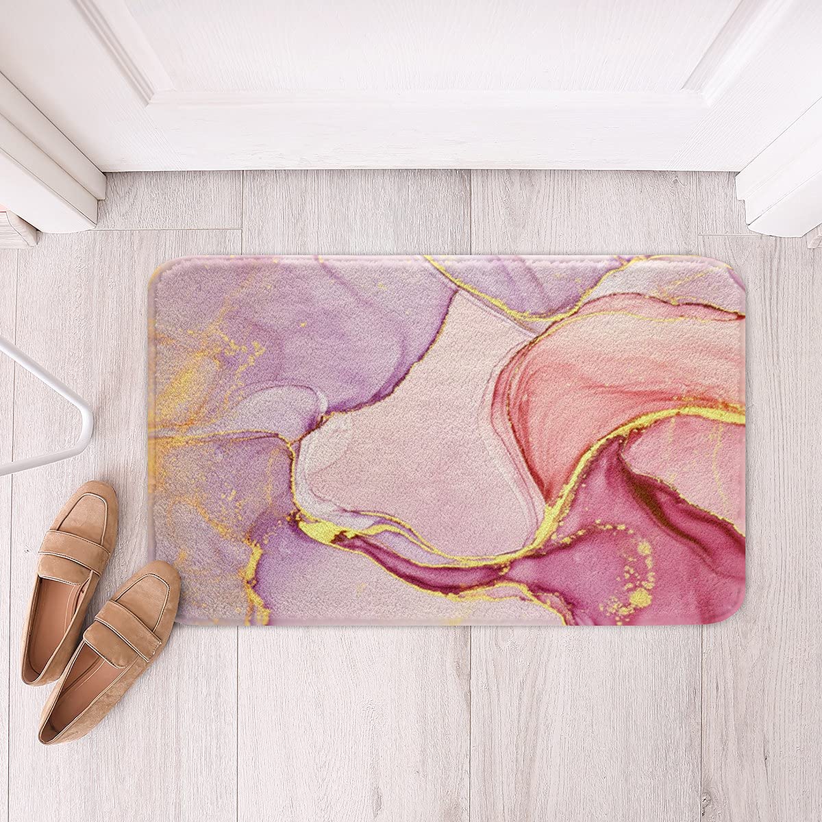 Pink Marble Bath Mats for Bathroom Non Slip Floor Mats Bath Rugs Set Luxury Purple Golden Marble Abstract Art Ultra Thick Soft Microfiber Door Mats for Kitchen/Living Room Bedroom 16"x24"