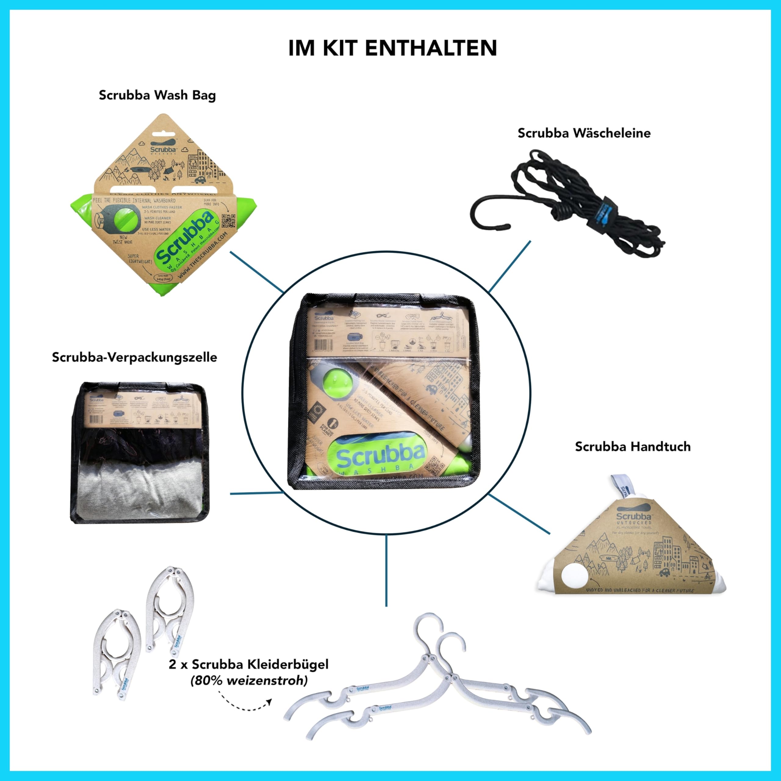 Scrubba Waschbeutel & Trocken-Set – Tragbares Waschsystem mit XL Handtuch, Wäscheleine & Haken – Für Camping, Reisen, Hostels & Hotels – Leicht & kompakt – Mobile Waschmaschine für unterwegs