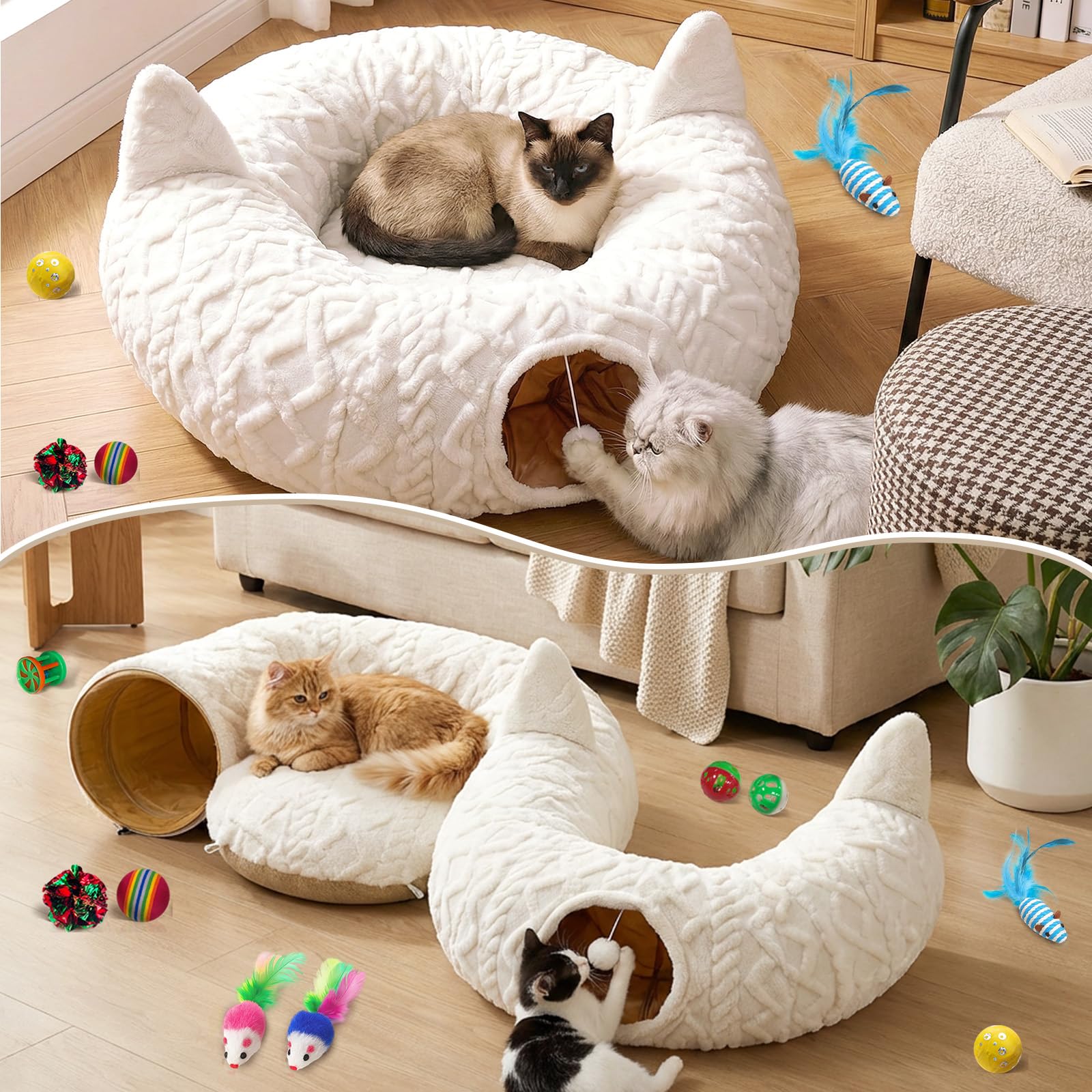 Katzentunnel Rund Weiß mit Katzenbett, Plüsch Katzen Donut Tunnel mit 11 interaktiven Spielzeugen & Waschbarer Matte, Peekaboo Katzenhöhle Spieltunnel unter dem Weihnachtsbaum für Katzen