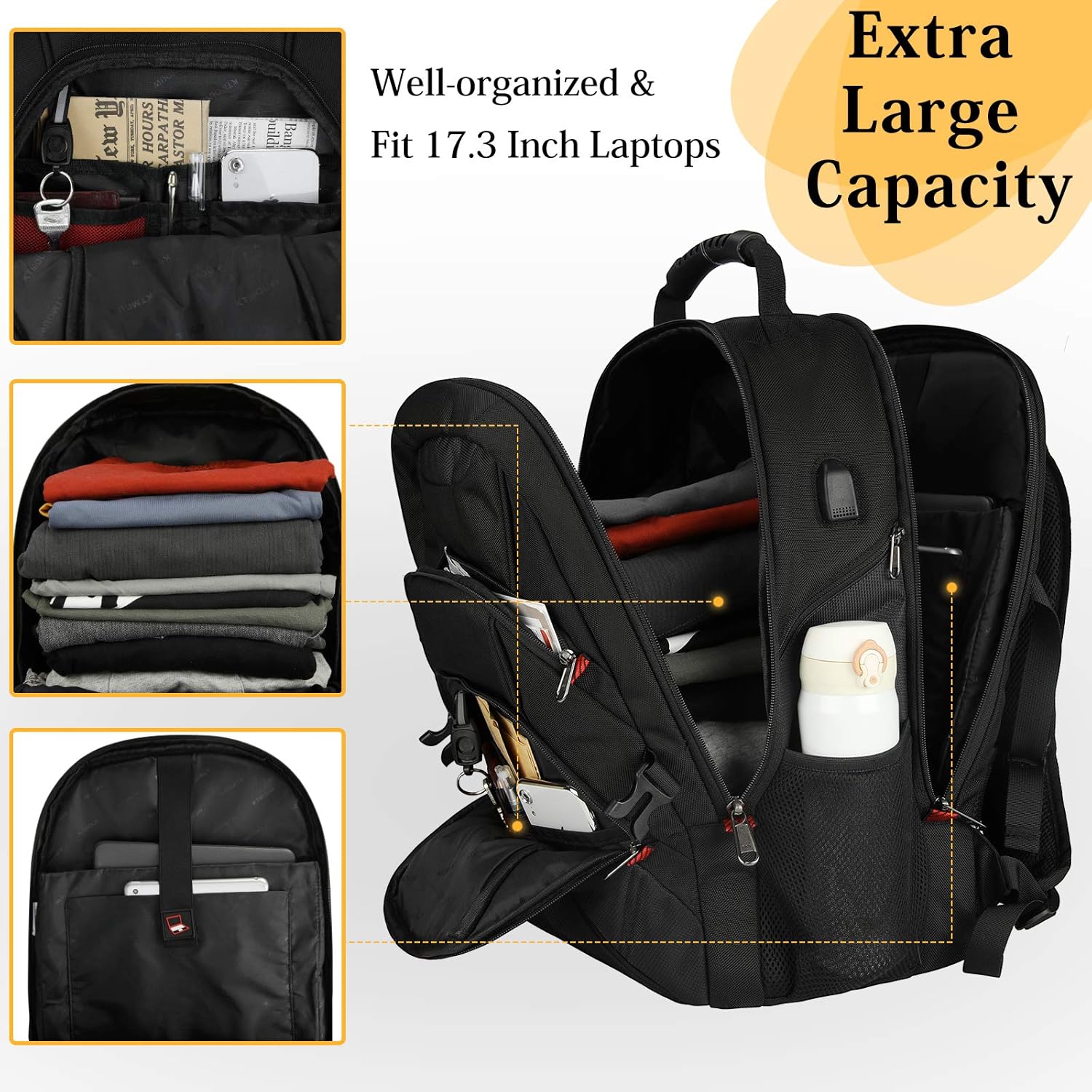 Laptop Backpack 17 Inch Extra Large Travel Backpack for Men Waterproof School College Backpack with USB Charging Port Business Computer Gaming Backpack for Men Women Black : Electronics