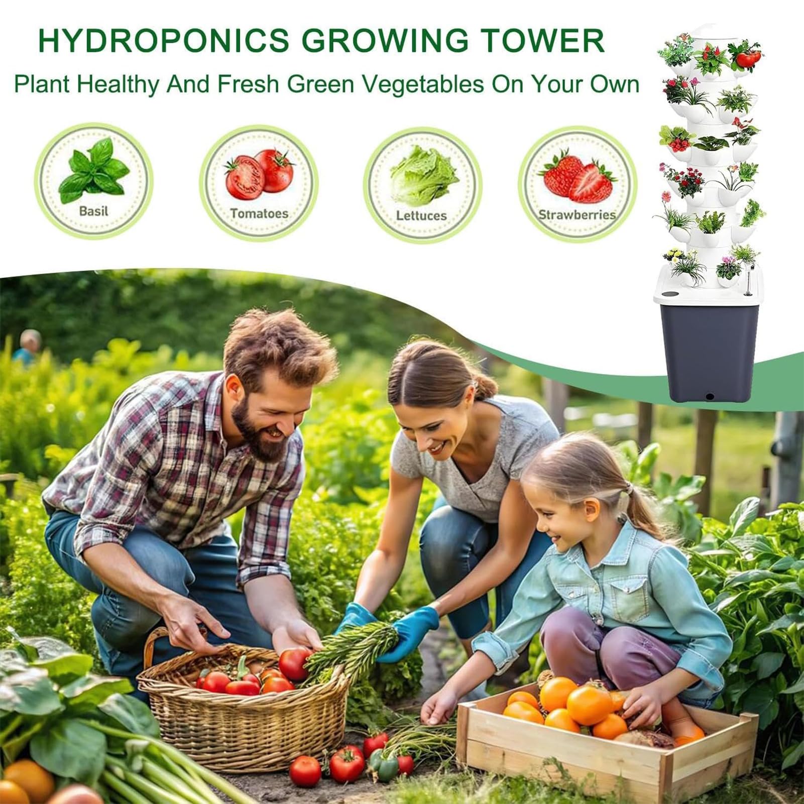 Sistema de Cultivo hidropónico | Aeroponics Indoor Tower Garden | para Hierbas, Frutas y Verduras con Bomba de hidratación, Adaptador, ollas de alimentación y Temporizador