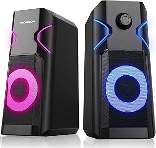 Thomson Computer Speakers, 2.0 Stereo PC Speakers with 10 RGB Backlight Modes Speakers for Gaming Monitor, Enhanced Bass and Easy-Access Volume Control, USB Powered w/ 3.5mm Cable Desktop Speakers