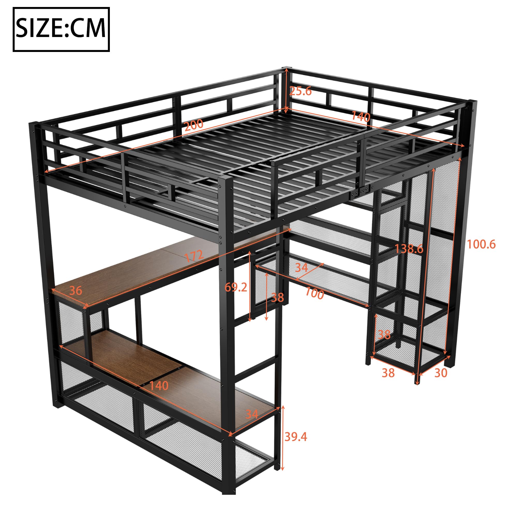Metalowe łóżko piętrowe 140 x 200 cm z miejscem do przechowywania + otwarta szafa na ubrania, biurko + półki, wielofunkcyjność, kratka ochronna, metalowa rama łóżka, bez materaca (czarne)
