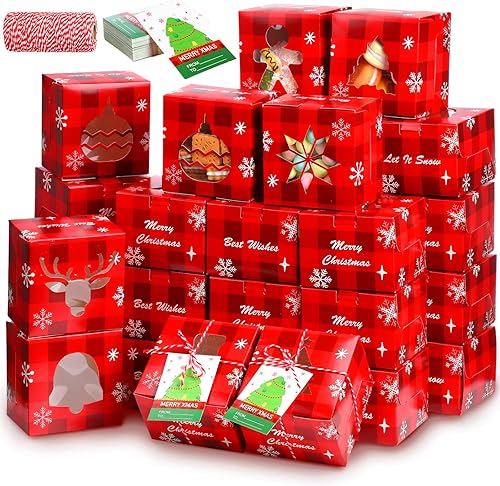 Paquete de 56 cajas de galletas de Navidad con ventana de 4 x 4 x 3 pulgadas, cajas pequeñas de papel para panadería, cajas de dulces de Navidad,