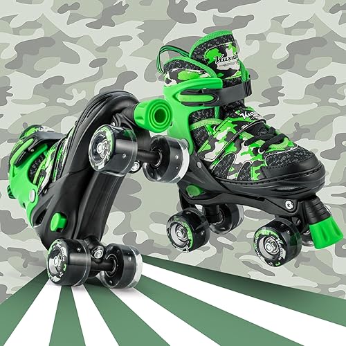 Miniatura 5 de Kuxuan Skates Boys and Girls Camo Adjustable Roller Skates with Light up Wheels, Fun Illuminating Rollerskate for Kids Girls Youth Verde,negro (Camo