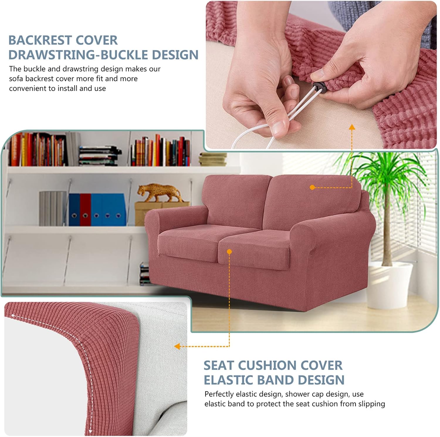 Stretch Sofa Covers 2 Seater Set 5 Pieces, Loveseat Slipcover with Separate 2 Backrests and 2 Seat Cushions, Couch Cover Checks Spandex (Brick Red)