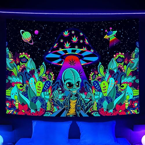 Miniatura 2 de JAWO Tapiz de luz negra extraterrestre, mágico psicodélico de hongos psicodélicos OVNI Fantasía UV Tapiz fresco tapiz de luz negra póster colorido